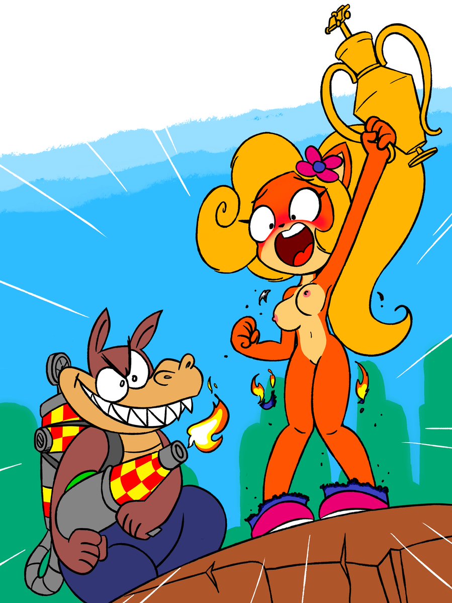 anthro blush breasts burned_clothing clothing coco_bandicoot crash_(series) dingodile embarrassed female footwear furry nipples nude public pussy trophy yopy