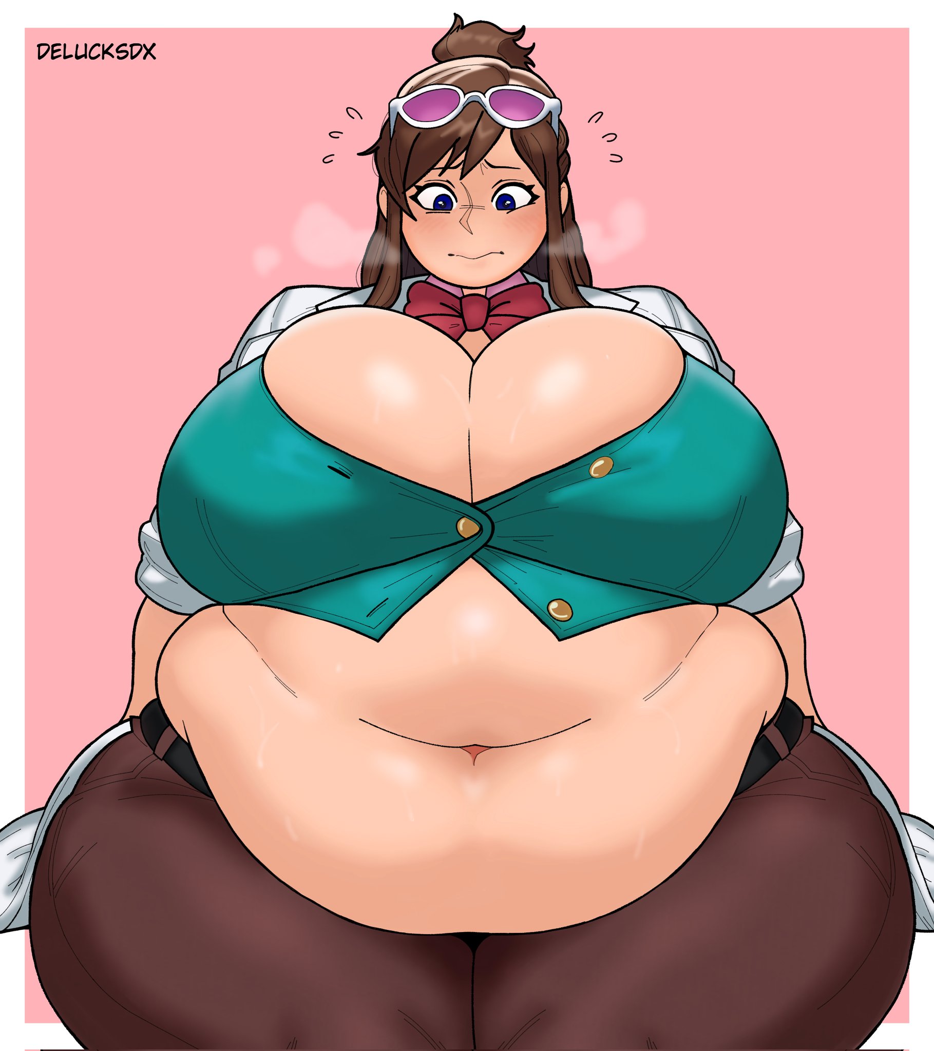 1girls, ace attorney, chubby, delucksdx, ema skye, embarrassed, fat, female, morbidly obese, morbidly obese female, obese, segmented stomach, tagme