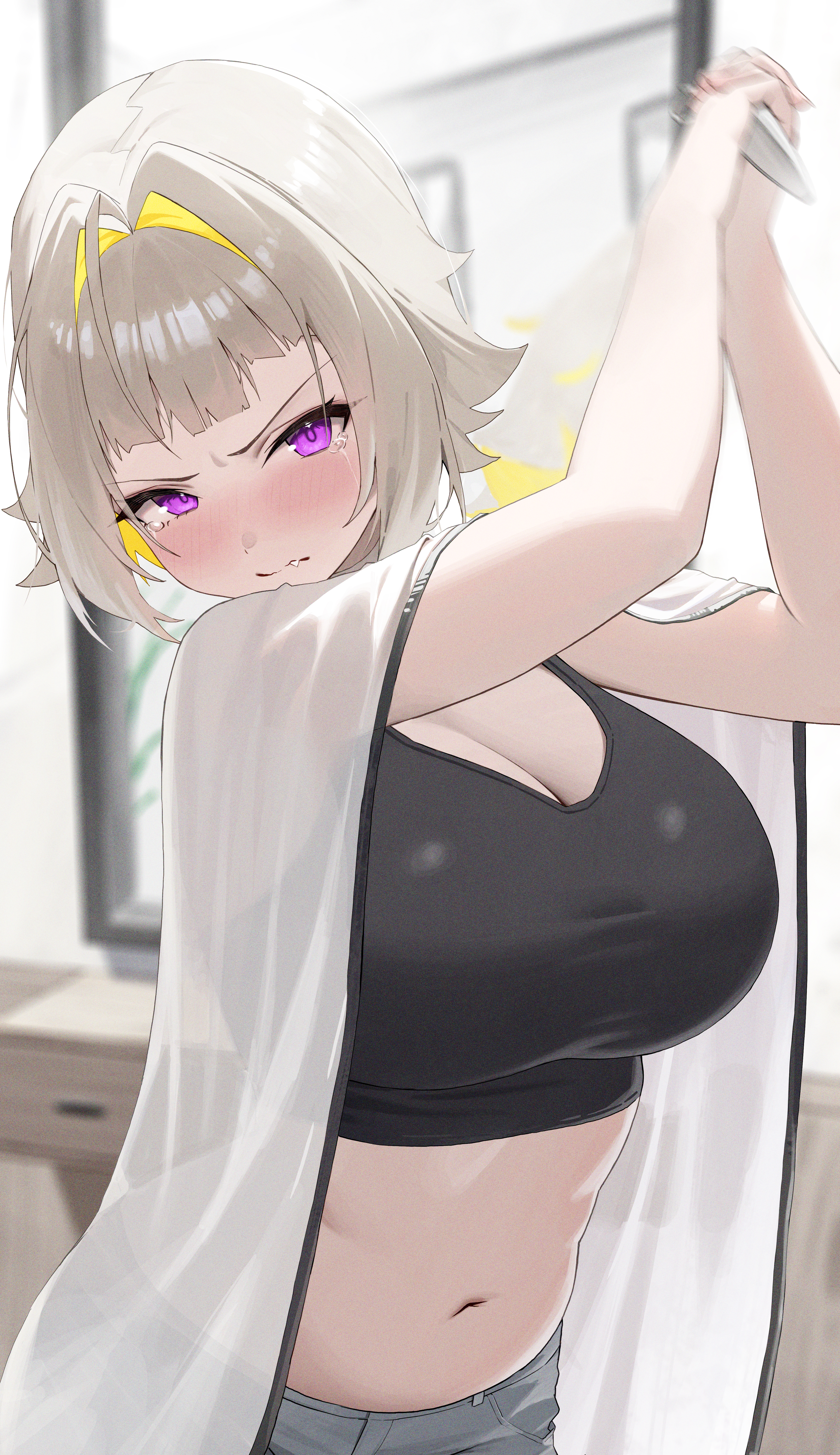 1girls, ahoge, alternate hairstyle, arms up, barber cape, big breasts, black sports bra, blonde hair, blurry, blurry background, blush, breasts, cleavage, closed mouth, colored inner hair, commentary, crying, crying with eyes open, cute fang, elegg (nikke), fang out, female, goddess of victory: nikke, grey pants, hair intakes, highres, holding, holding scissors, incoming attack, indoors, large breasts, looking at viewer, midriff, mirror, motion blur, multicolored hair, navel, nikku nana, nose blush, oerba yun fang, pants, purple eyes, reflection, scissors, see-through clothes, solo, sports bra, symbol-only commentary, tears, two-tone hair, upper body, v-shaped eyebrows