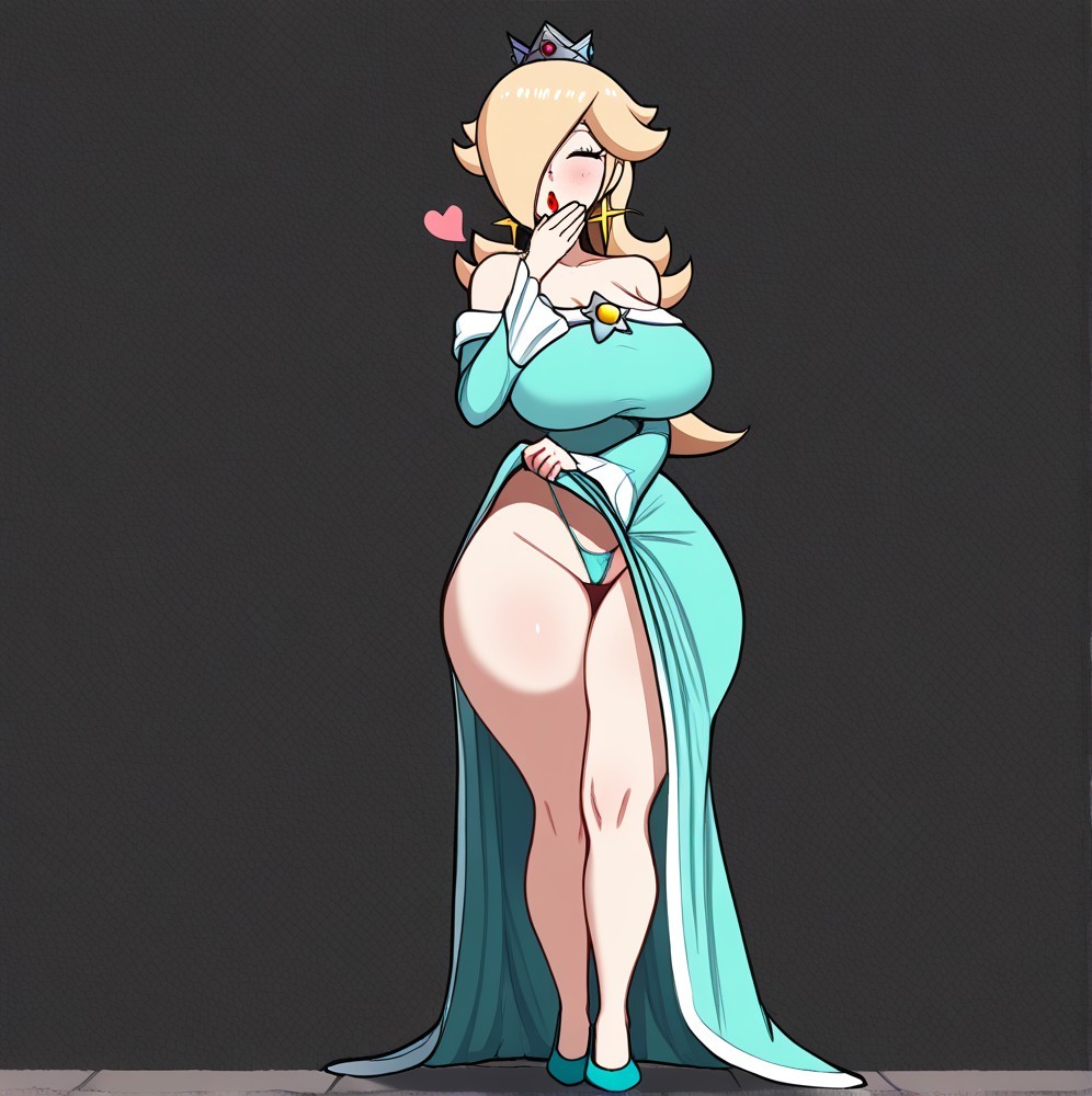 1girls ai_generated blonde_hair closed_eyes crown cyan_dress cyan_thong exposed_torso exposing exposing_self hamburgerjoy hand_on_dress hand_on_mouth heart heart_symbol heels laugh laughing_at_viewer lifting lifting_dress lifting_own_clothes lifting_skirt lipstick mario_(series) princess_rosalina red_lipstick solo solo_female solo_focus star_earrings star_symbol super_mario_bros. super_mario_galaxy teal_dress teal_thong thick_thighs thighs thong upskirt