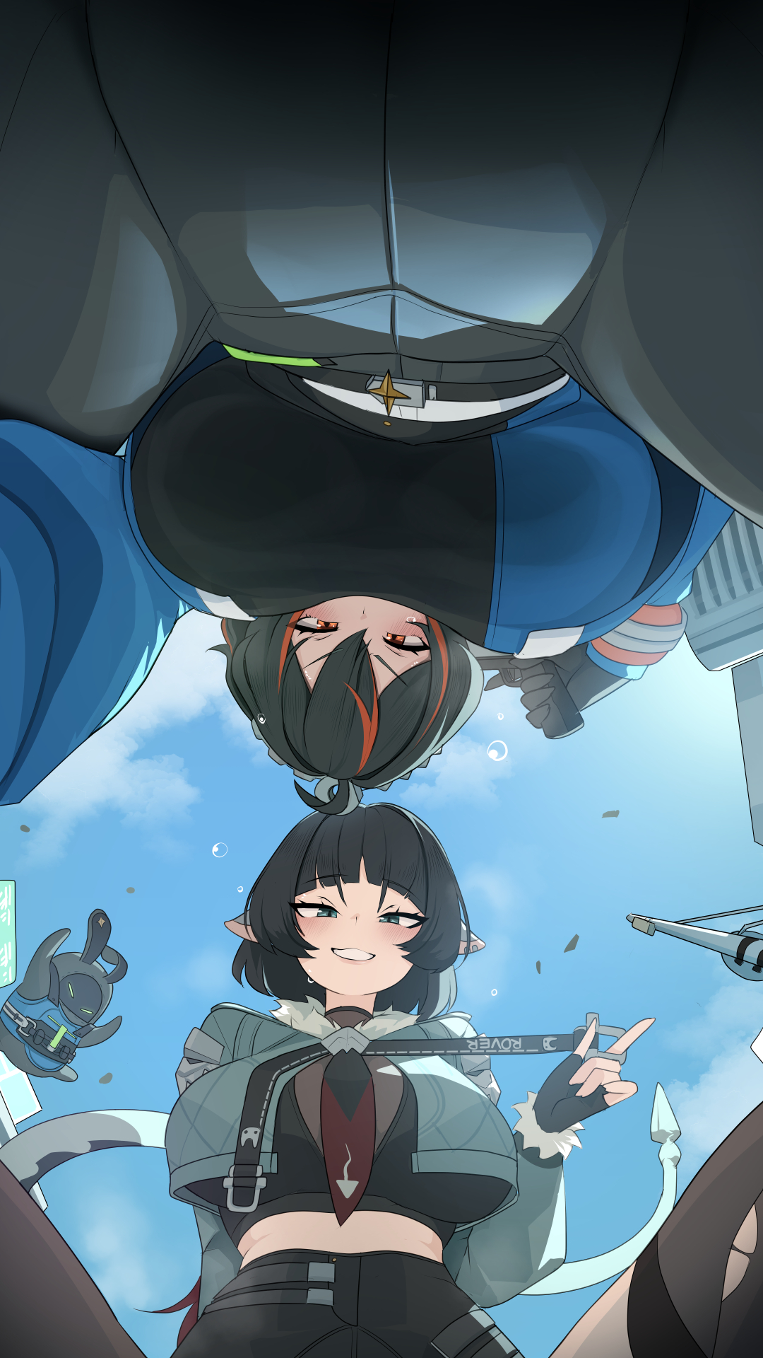 2girls, animal ears, bangboo (zenless zone zero), black hair, black shorts, blue jacket, blush, breasts, facesitting pov, female, fur trim, fur-trimmed jacket, green eyes, green jacket, gun, hairband, high-waist pants, high-waist shorts, highres, holding, holding gun, holding weapon, imminent facesitting, jacket, jane doe (zenless zone zero), large breasts, long hair, long tail, looking at viewer, looking down, looking down at viewer, metal hairband, monobe, monobe yuri, mouse ears, mouse girl, mouse tail, multicolored hair, multiple females, multiple girls, necktie, pants, pantyhose, police, police uniform, policewoman, pov, pov facesitting, presenting, red eyes, red hair, red streaks, securityboo (zenless zone zero), sharp tail, short hair, shorts, single leg pantyhose, sitting on viewer, smile, streaked hair, submissive pov, sweat, tail, thighhighs, tight clothes, tight pants, torn clothes, torn pantyhose, torn thighhighs, two-tone necktie, weapon, zenless zone zero, zhu yuan