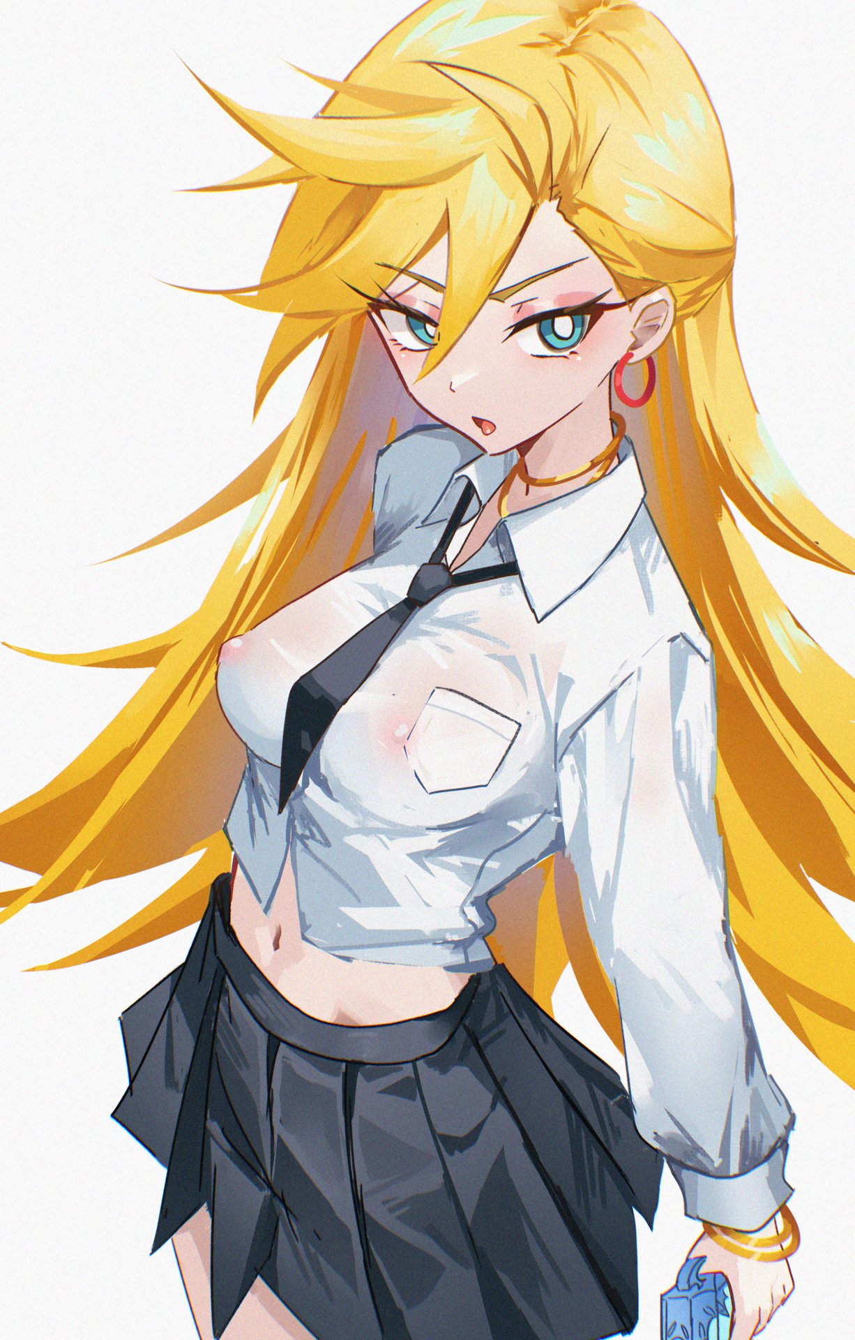 1girls, blonde hair, blue eyes, breasts, danraz0r, female, hoop earrings, light skin, light-skinned female, midriff, panty & stocking with garterbelt, panty anarchy, perky breasts, see-through shirt, skirt, white background