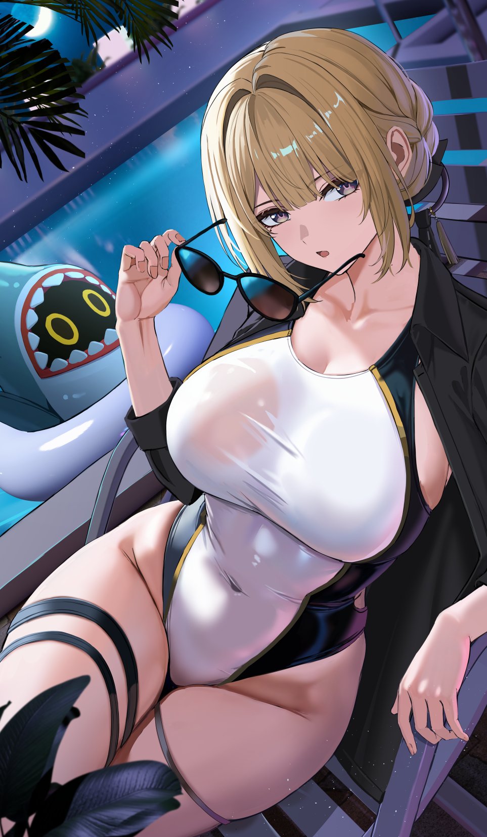black jacket, black one-piece swimsuit, blonde hair, breasts, collarbone, competition swimsuit, covered navel, dutch angle, evelyn chevalier, female, gaitoou, highleg, highleg one-piece swimsuit, highres, holding, holding removed eyewear, jacket, jacket on shoulders, large breasts, looking at viewer, mole, mole under eye, one-piece swimsuit, open mouth, poolside, purple eyes, removing eyewear, sharkboo (zenless zone zero), sidelocks, sitting, solo, sunglasses, swimsuit, unworn eyewear, white one-piece swimsuit, zenless zone zero