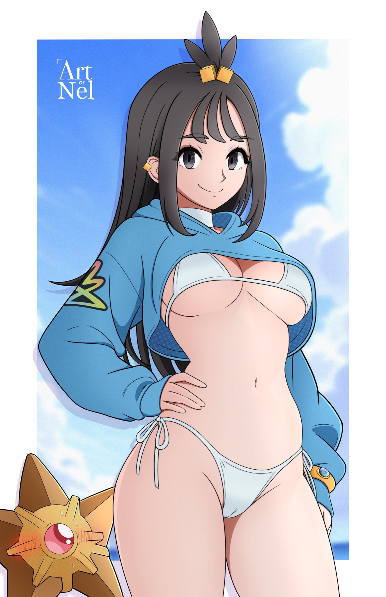 artist name, artist request, bikini, blush, camel toe, cameltoe, duro (pokemon), grey eyes, grey hair, hitodeman, jacket, lida (pokemon), looking at viewer, pokémon (species), pokemon, pokemon (species), pokemon legends: z-a, smile, staryu, tagme