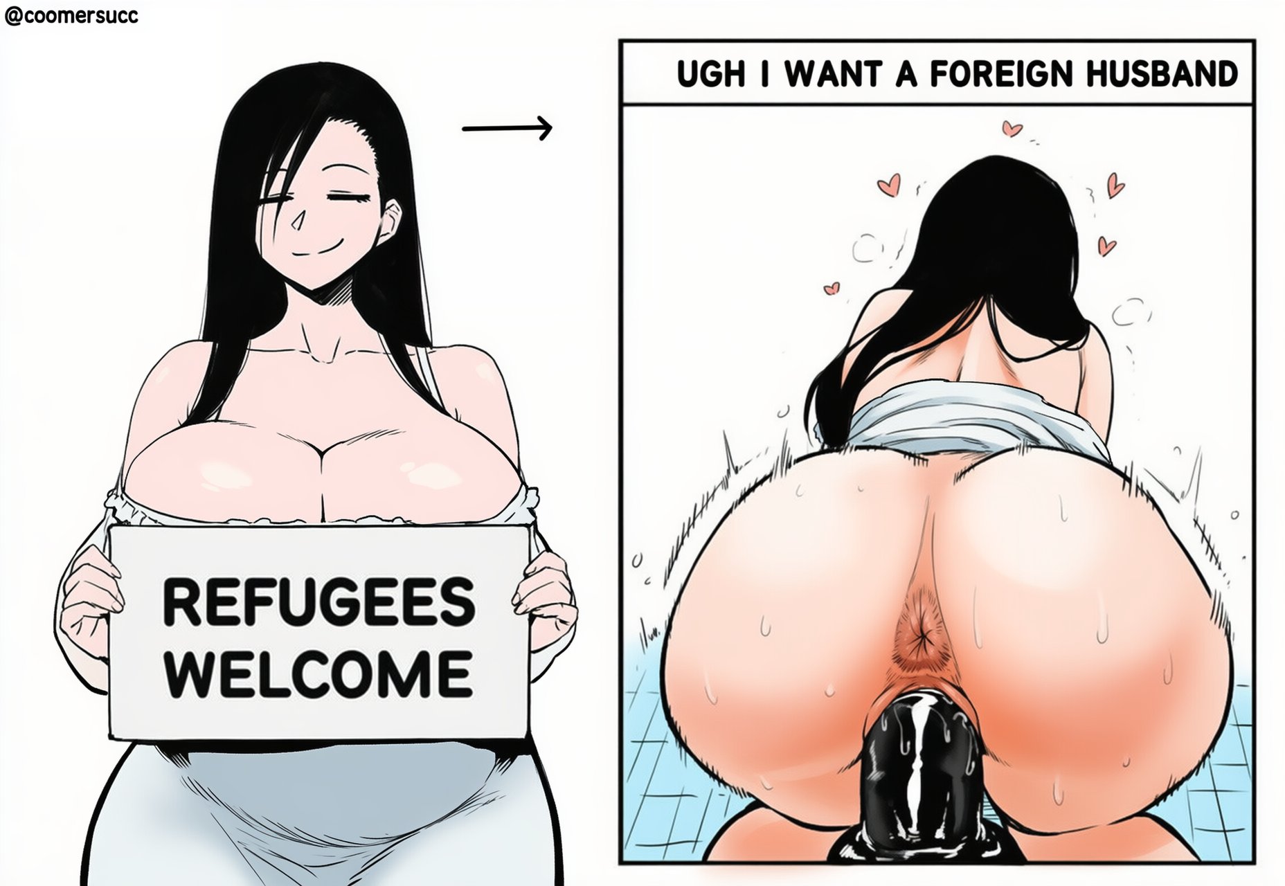 1girls, ai generated, anus, anus peek, big breasts, black hair, breasts, coomersucc, curvaceous, curvy, curvy figure, dildo, dildo in pussy, english, english text, female, female only, huge breasts, light skin, light-skinned female, masturbation, mature female, milf, pussy, raceplay, refugees welcome, text, thick, thick ass, thick thighs, thighs, uncensored, vaginal penetration, voluptuous, voluptuous female, wide hips