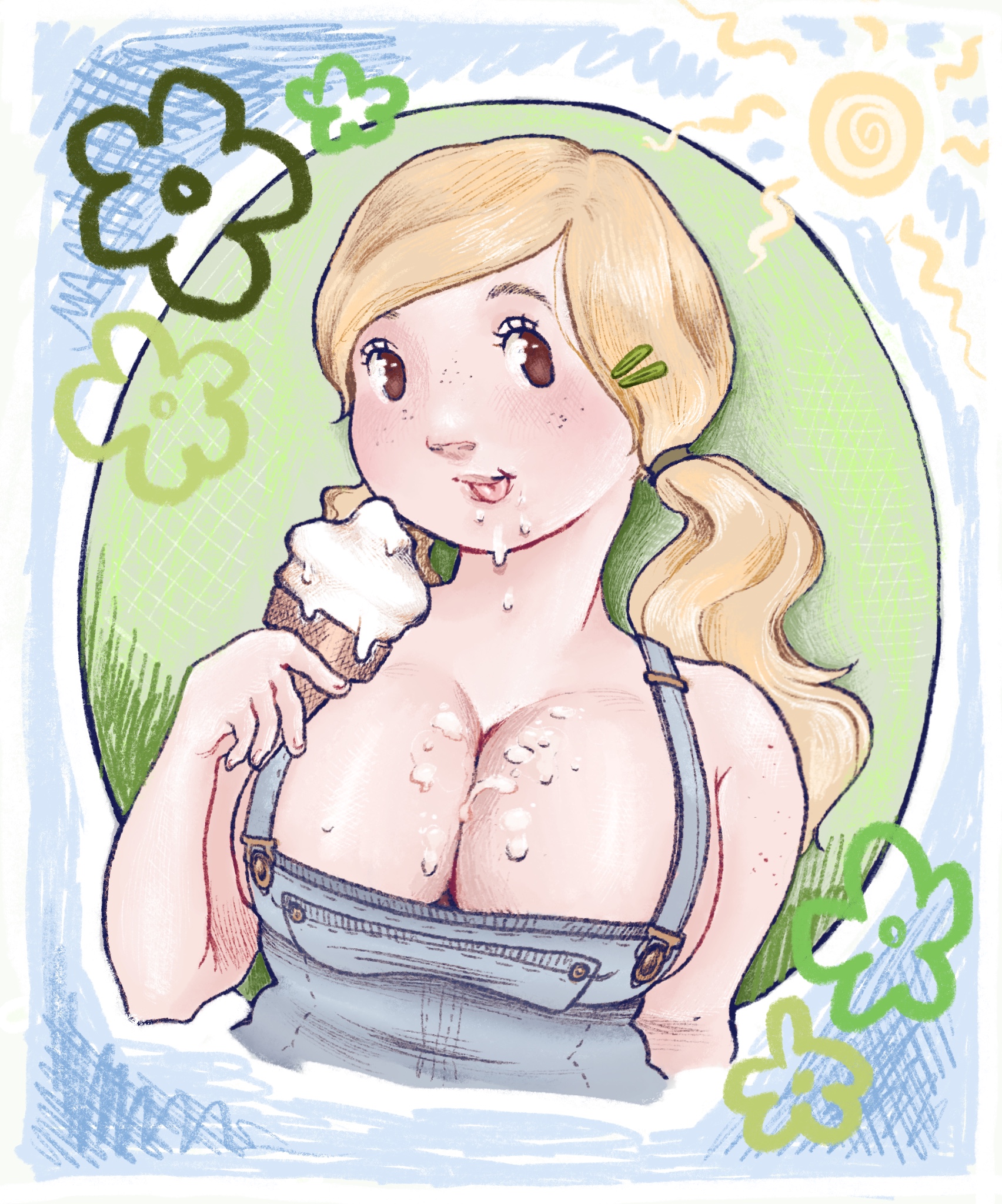 1girls, bebe bow / meghan (flowersonwalls), blonde female, blonde hair, blonde-haired female, breasts, breasts bigger than head, brown eyes, chubby, chubby female, cleavage, cleavage focus, cleavage overflow, cute, cute face, dripping, female, flowersonwalls, food, food play, ice cream, innocent, large breasts, light skin, light-skinned female, long hair, naked overalls, original character, overalls, pale skin, pale-skinned female, pigtail, pinup, seductive, shiny skin, slightly chubby, slightly chubby female, the banana peel, tongue, tongue out, top heavy, twintails, wet breasts