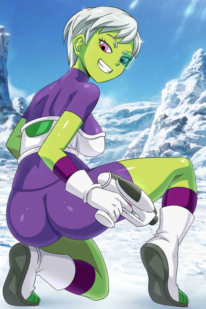 1girls, alien girl, ass, breasts, cheelai, dragon ball, dragon ball super, female, fully clothed, green skin, green-tinted eyewear, gun, huge ass, humanoid, medium breasts, outdoors, sano-br, scouter, short hair, sideboob, tinted eyewear, white hair