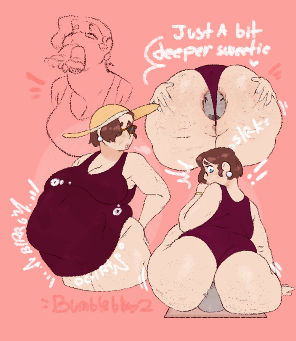 1boy, 1girls, anal vore, bumbleblues, color, female, female pred, human, human pred, human prey, hyper, hyper belly, male, milf, milf pred, older female, oral vore, same size vore, scarlett (bumbleblues), swimsuit, tagme, vore, vore belly
