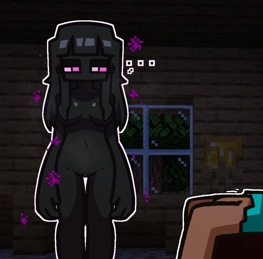1boy, 1girls, bed, enderman, enderwoman, female, hair, house, inside, long hair, looking at viewer, male, midasprimee, minecraft