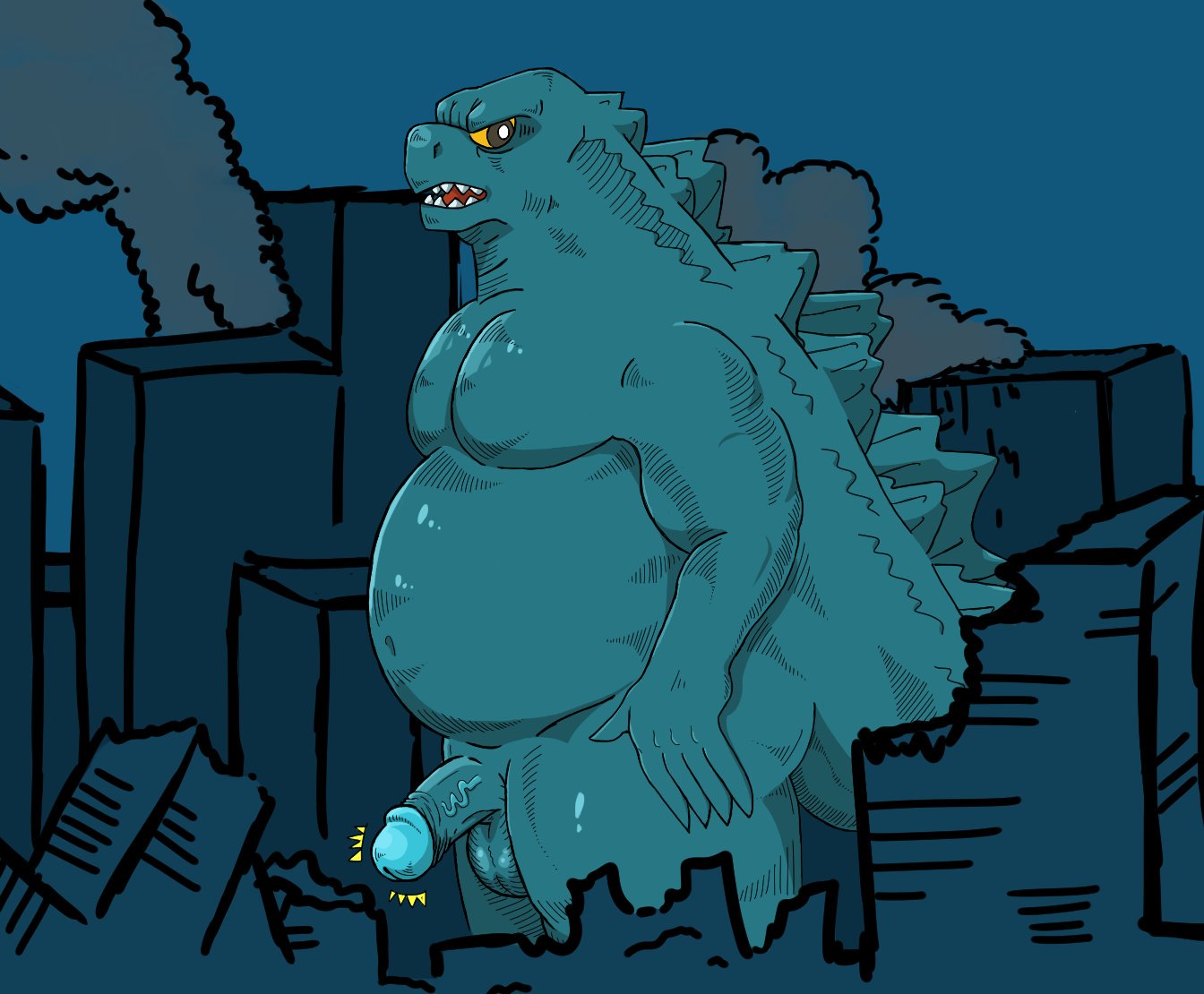 anthro balls bayjaw belly furry godzilla godzilla_(series) invalid_tag macro male_only no_humans nude penis scalie teeth toho