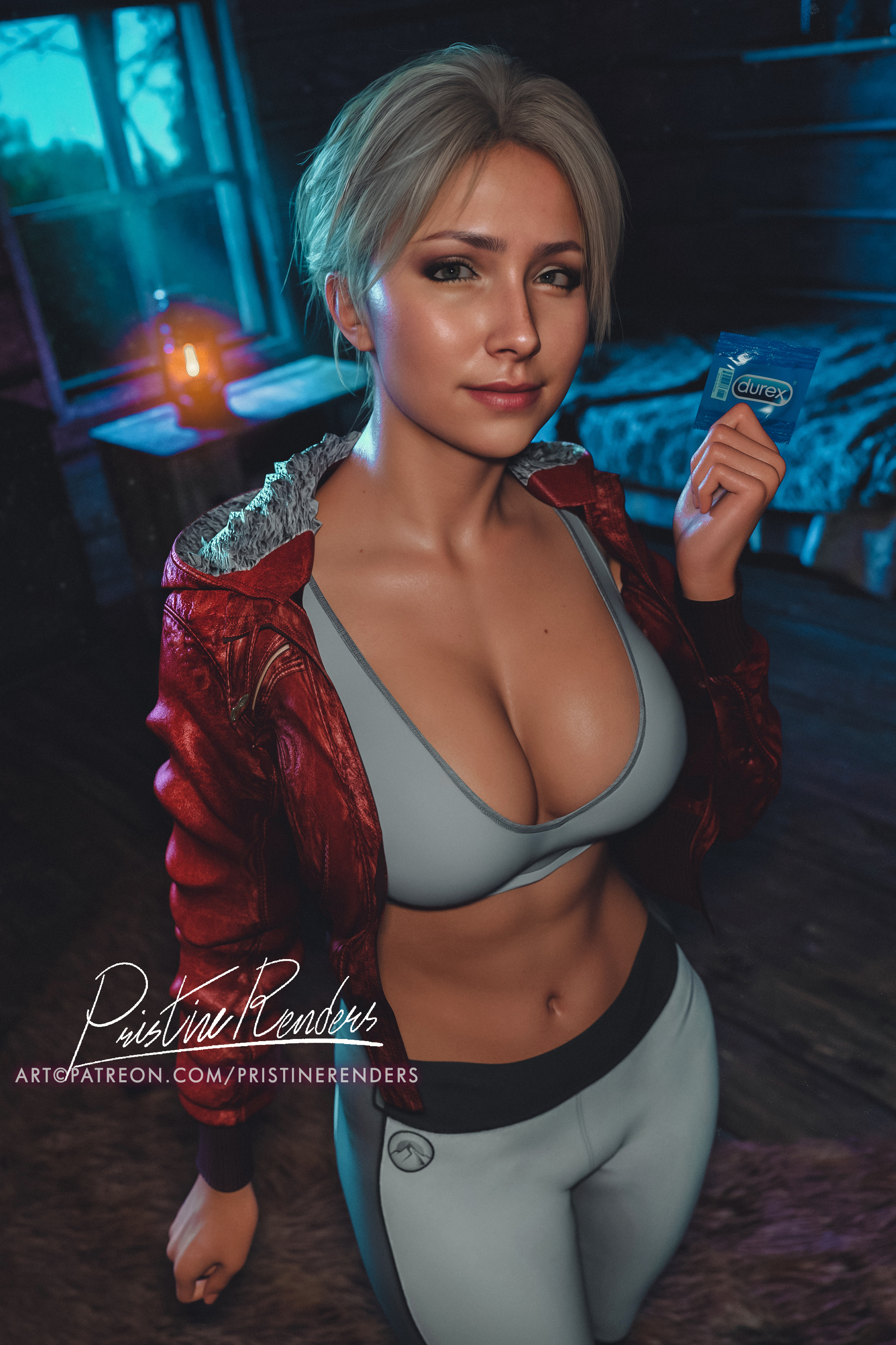 1girls, 3d (artwork), alternate breast size, alternate version available, artist signature, ass, athletic female, bedroom, bedroom eyes, big breasts, breasts, celebrity, cleavage, condom in hand, crossed legs, curvy figure, detailed background, detailed female, female, female torso, green eyes, hayden panettiere, high resolution, holding condom, hooded jacket, hourglass figure, indoors, inminent sex, large ass, light skin, light-skinned female, looking at viewer, male, mature female, midriff, mole on chest, mole on neck, nighttime, no panties under leggings, open jacket, patreon link, pov, pristinerenders, round ass, samantha giddings, smile at viewer, sony interactive entertainment, supermassive games, textless version, tied hair, toned ass, toned stomach, unseen male, until dawn, until thicc, wide hips, yoga pants