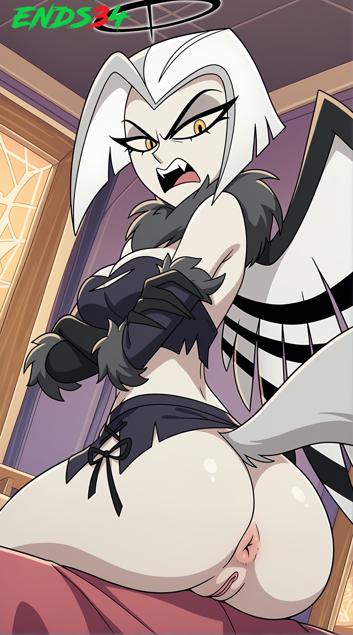 2025, ai generated, angry, ass, ass focus, ends34, female, female focus, halloween, halloween costume, hazbin hotel, lute (hazbin hotel)