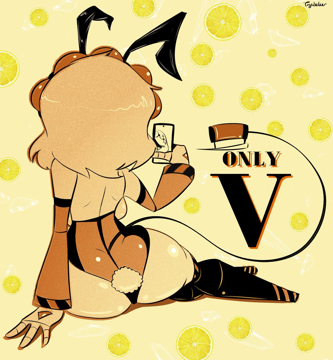 1girls, ass, ass focus, bunny ears, bunny ears headband, bunny girl, bunnysuit, disassembly drone, female, female only, glitch productions, laying on side, murder drones, oranges, phone, robot, robot girl, robot humanoid, selfie, tagme, tail, toyslasher, v (murder drones)