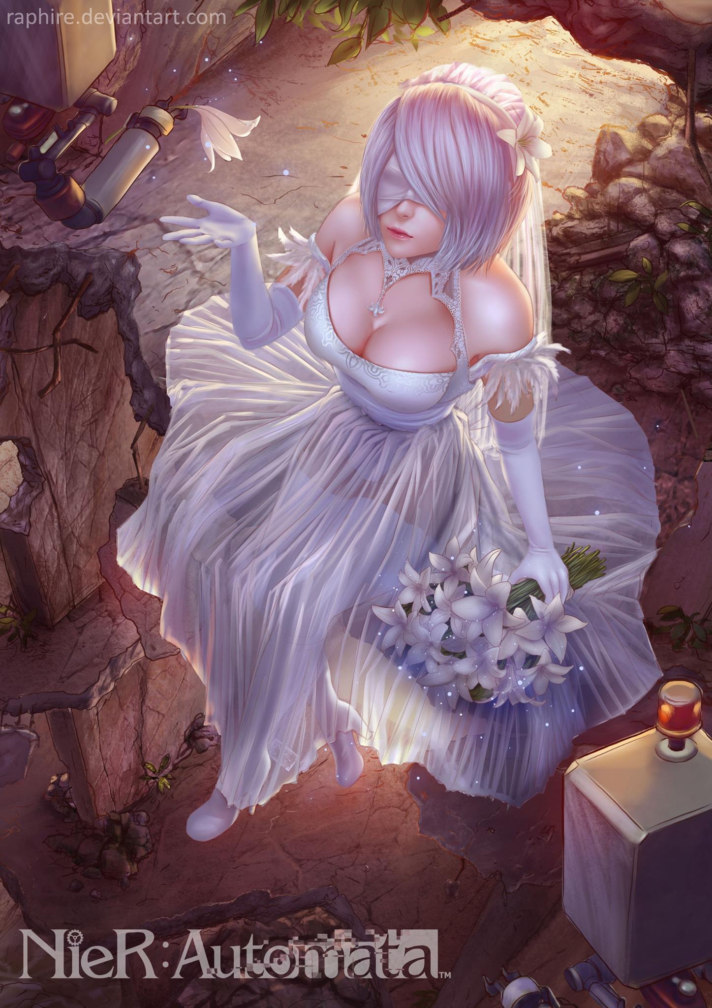 alternate costume, artist name, blindfold, boots, bouquet, breasts, cleavage, closed mouth, commentary, copyright name, covered eyes, deviantart username, dress, elbow gloves, english commentary, female, flower, full body, gloves, hair flower, hair ornament, high heel boots, high heels, highres, holding, holding bouquet, leaf, lips, long dress, medium breasts, nier (series), nier: automata, nose, pink lips, raphire, sitting, solo, watermark, web address, wedding dress, white boots, white dress, white flower, white gloves, white hair, yorha 2b