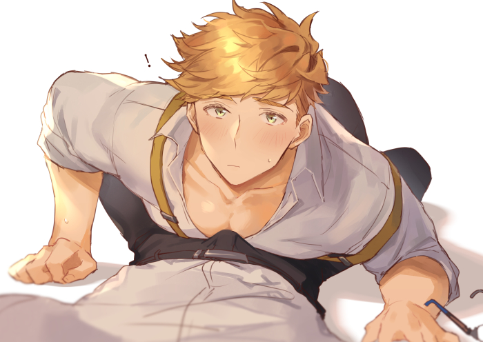 blush bulge embarrassed erection erection_under_clothes fully_clothed glasses glasses_removed granblue_fantasy higashigunkan looking_at_viewer vane_(granblue_fantasy)