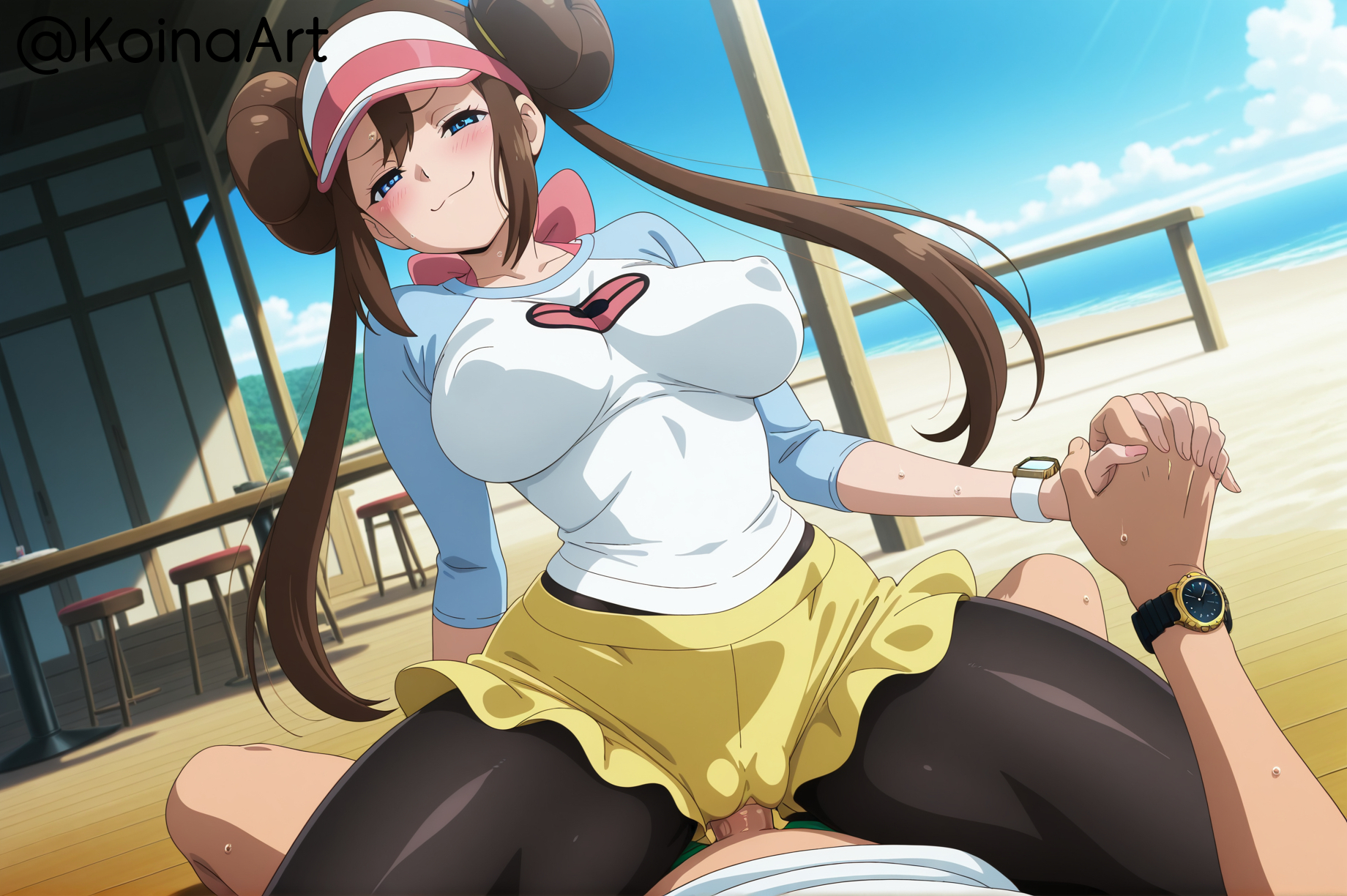 ai generated, beach, blue eyes, bouncing breasts, breasts, cameltoe, cowgirl position, embarrassed, female, femdom, hair bun, highres, huge breasts, koinaart, male, patreon, penis, perky breasts, pokemon, pokemon bw2, pov, pussy, reverse cowgirl position, rosa (pokemon), sex, smirk, smug, stable diffusion, straight, thick thighs, twintails, wide hips