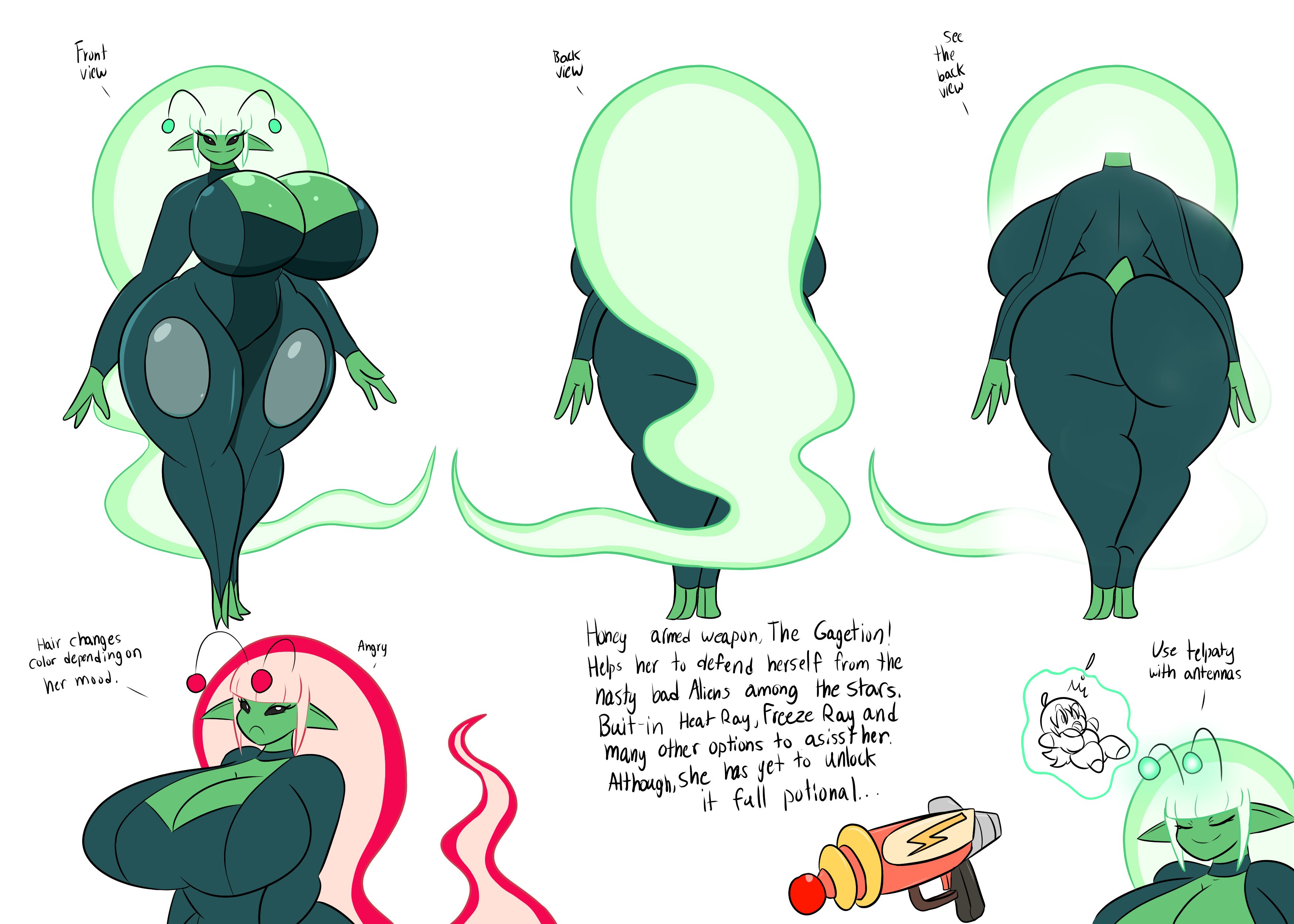!, 2 toes, 2024, 2girls, 3 fingers, adorable, alien, alien girl, alien humanoid, alternate hair color, antennae, antennae (anatomy), ass, big ass, big breasts, black sclera, breasts, chibi, closed eyes, cute, female, first porn of character, glowing hair, green body, green hair, green skin, igphhangout, looking at viewer, original, original character, original characters, pointy ears, powers, ray gun, red hair, reference sheet, shelly (igphhangout), small tail, spandex, spandex suit, suit, tagme, tail, telekinesis, telepath, telepathic, telepathy, thick thighs, white pupils, xuxa (igphhangout)