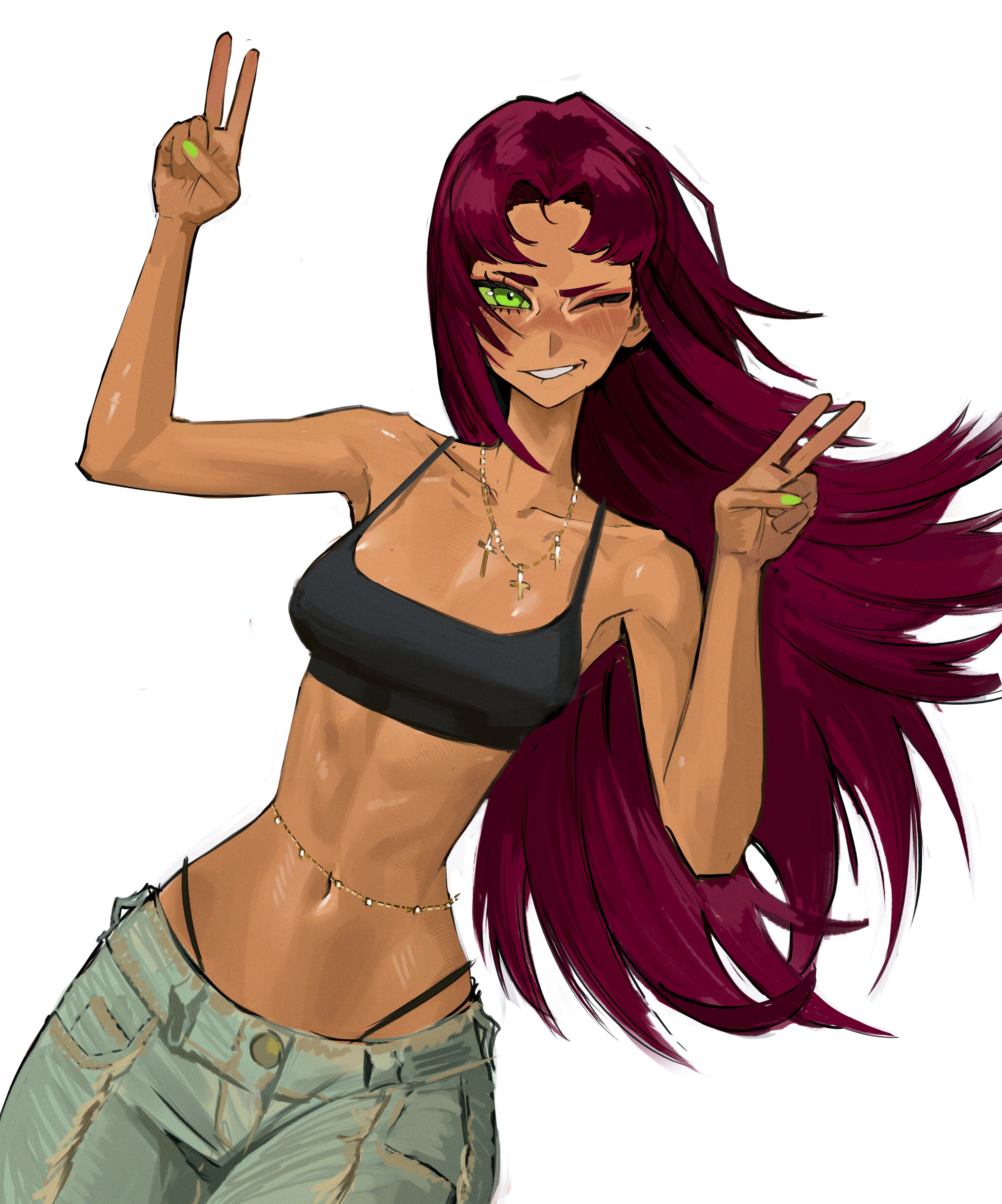 1girls, arms up, beautiful, belly button, blush, bra, clothed, collarbone, cute, dc, dc comics, digital art, digital drawing (artwork), digital media (artwork), eyelashes, eyeliner, female, green eyes, green nails, hands up, happy, high thong, highres, hips, jeans, jewlery, lowrise jeans, makeup, maroon hair, necklace, no nudity, peace sign, red hair, sexy, slim, slim body, slim waist, smiling, starfire, starfire (teen titans), tan body, tan skin, tanned, teen titans, tefiblum, thin female, thong, wink, winking, winking at viewer, young, young female