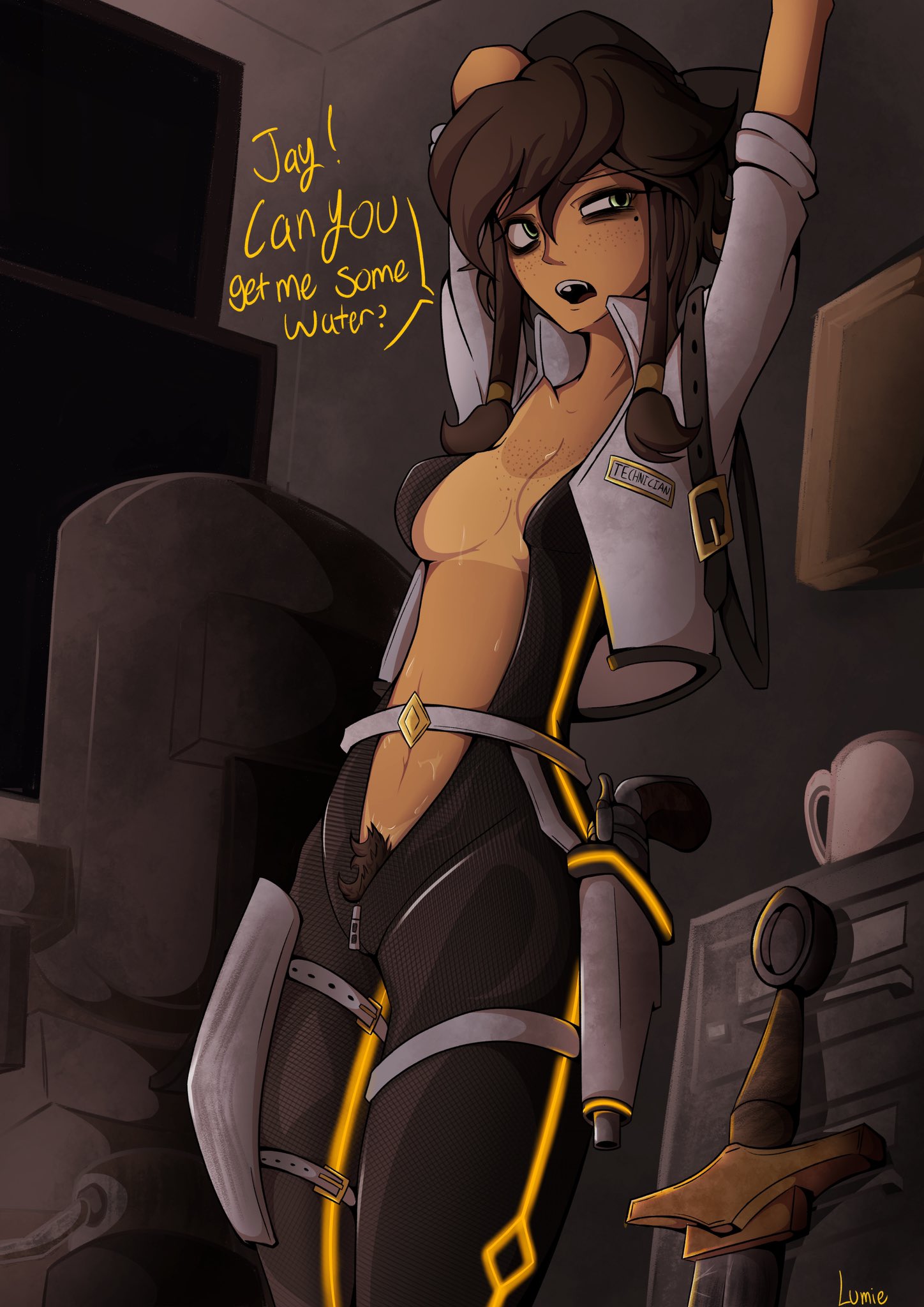 bodysuit, breasts, female, female only, female pubic hair, long bangs, murder drones, nalumieree, pubic hair, pubic hair peek, slim waist, small breasts, sweat, sweatdrop, tan body, tan skin, tanlines, tessa elliot, tessa elliot (space suit), undressing, unzipped bodysuit