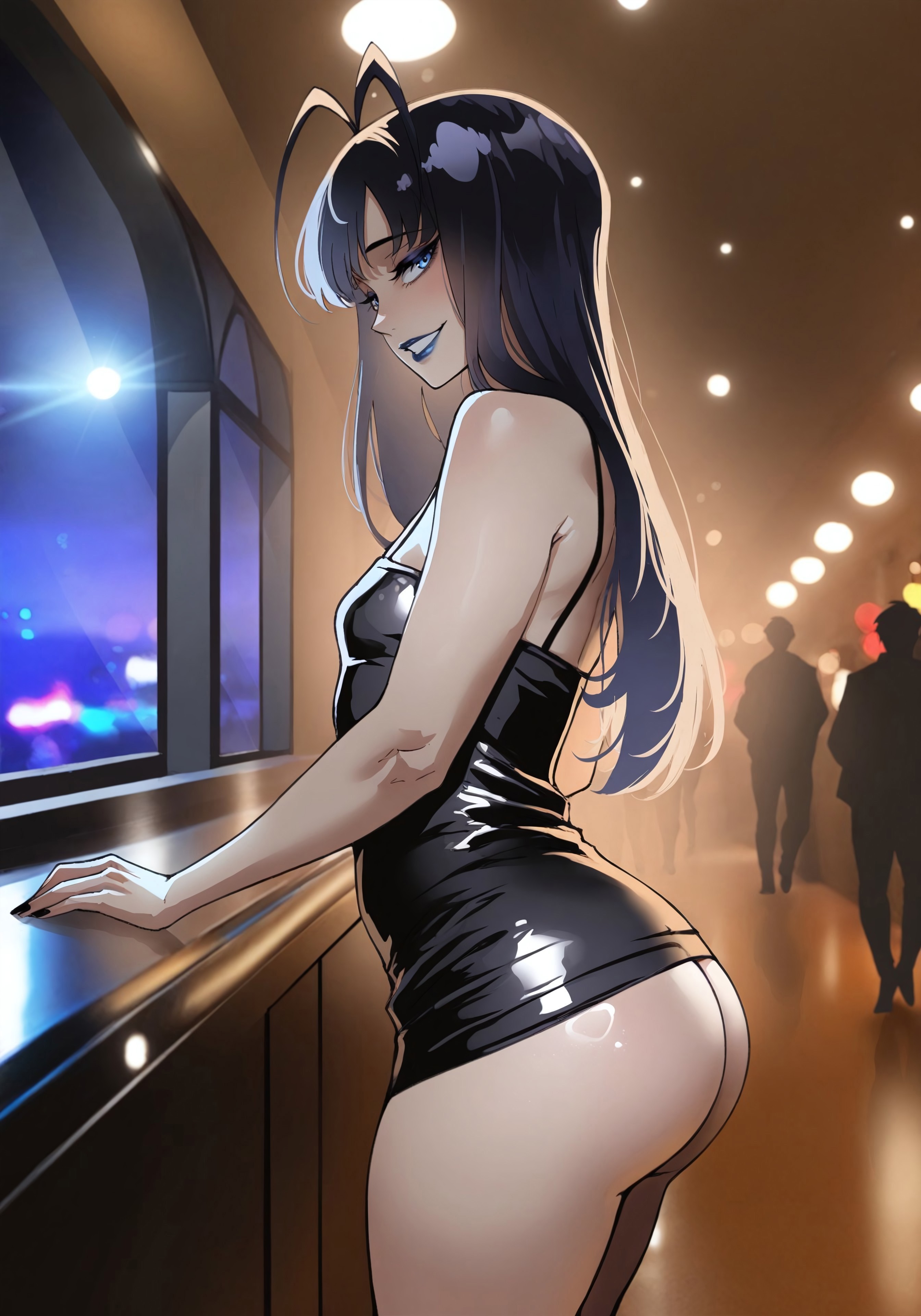 1boy, 1femboy, 2025, ai generated, alternate version available, ass, ass out, balls, black dress, bleach, bleach: the thousand-year blood war, dress, eyebrows, eyelashes, femboy, feminine male, girly, giselle gewelle, kimkon203, light skin, light-skinned male, lips, lipstick, long hair, male, male only, no panties, short dress, side view, sidelocks, solo, solo focus, standing, testicles, thick thighs, thighs, trap