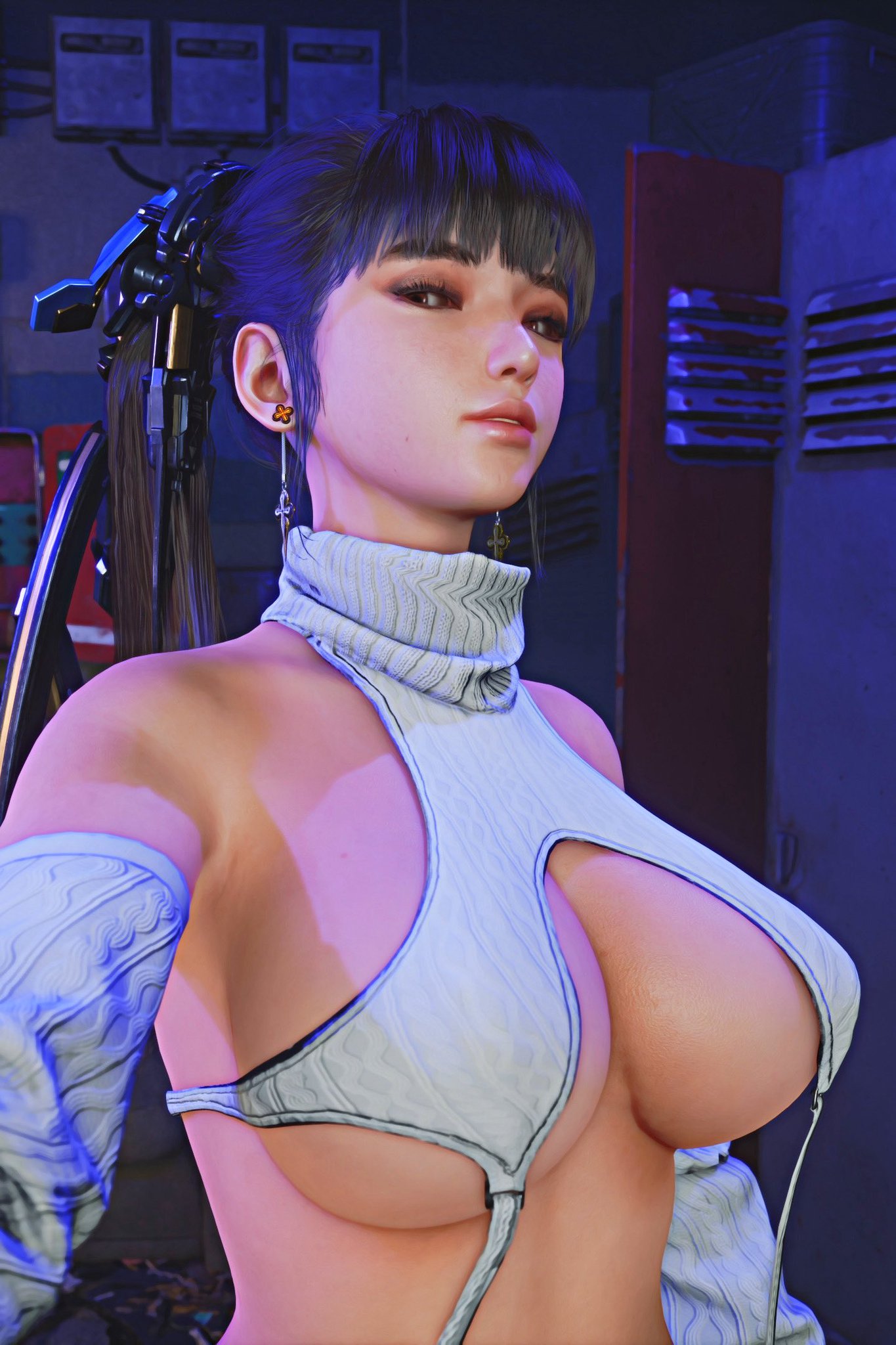 1girls 3d alternate_breast_size android asian big_breasts black_hair breasts brown_eyes cleavage crossover eve_(stellar_blade) female female_only game_mod game_screenshot huge_breasts long_hair mod ponytail robot_girl screen_capture screencap selfie selfie_pose shift_up stellar_blade thick_eyebrows underboob virgin_killer_sweater