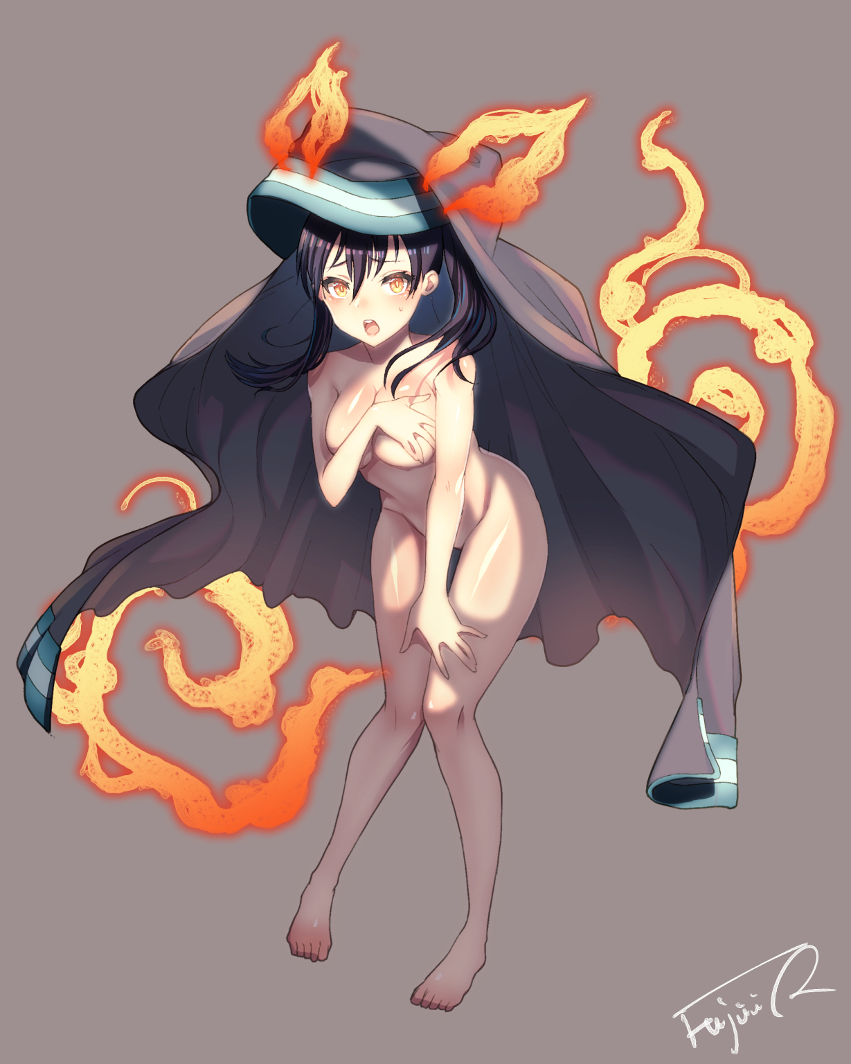 1girls, 2019, animal ears, bangs, barefoot, bent over, black hair, blush, breasts, cat ears, cleavage, covering breasts, covering crotch, covering nipples, cute, embarrassed, embarrassed nude female, enen no shouboutai, feet, female, female only, fire, fire force, front view, full body, grey background, hair between eyes, hairless pussy, highres, human, ito mijinko, jacket, kotatsu tamaki, large breasts, long hair, nude, nude female, nun, open mouth, pigeon-toed, powers, pussy, pyrokinesis, signature, simple background, solo, standing, sweat, toes, twintails