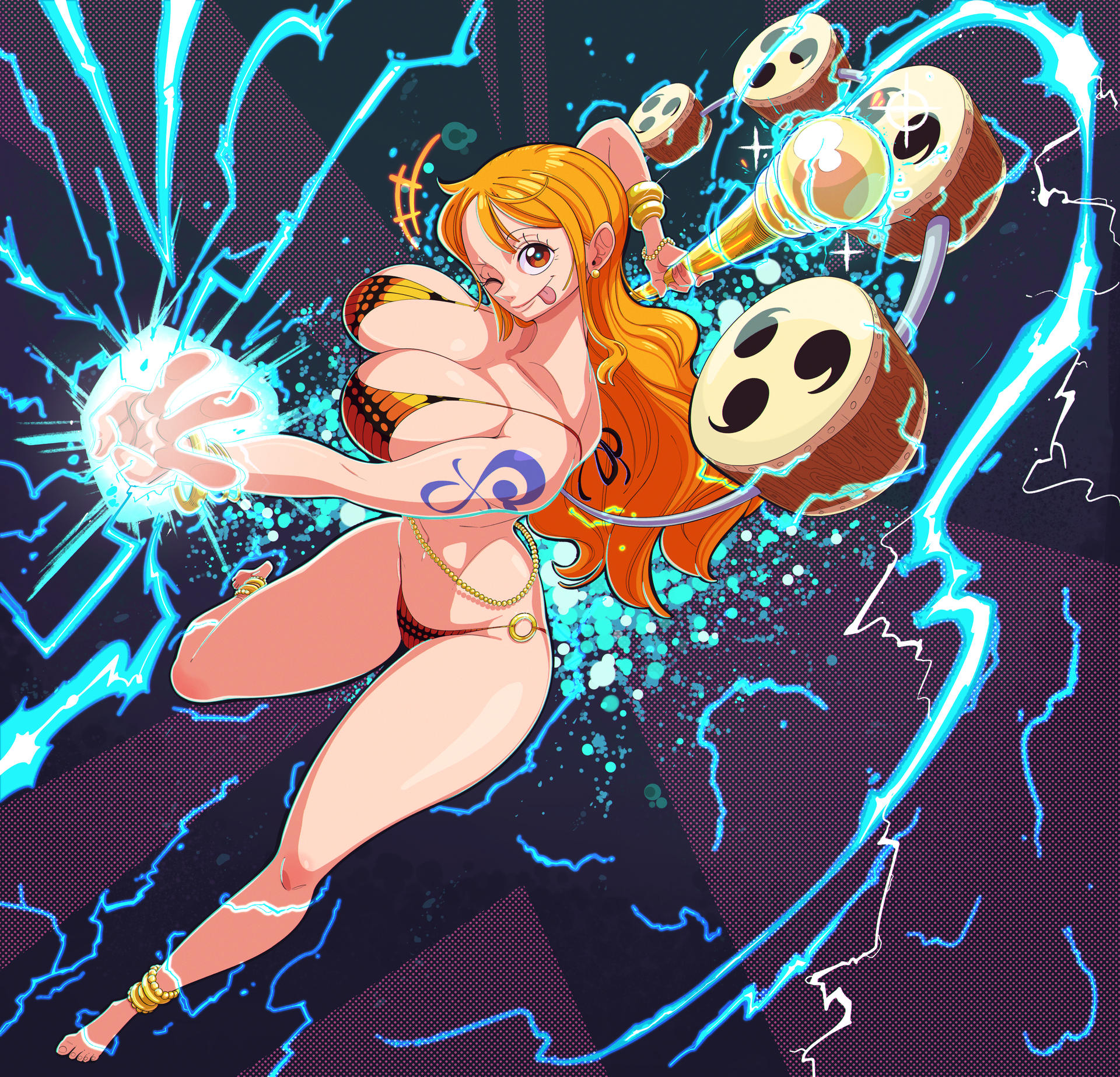 1girls, big breasts, bikini, bracelets, breasts, cleavage, clothed female, collarbone, drums, electricity, electricity manipulation, enel, enel (cosplay), eneru, eyebrows, eyelashes, female, female only, gold, grinning, joepopls, large breasts, lightning, long hair, nami (one piece), one piece, orange hair, orange-haired female, post-timeskip, revealing clothes, solo, tattoo, tattoo on arm, tattooed arm, underboob, voluptuous, voluptuous female