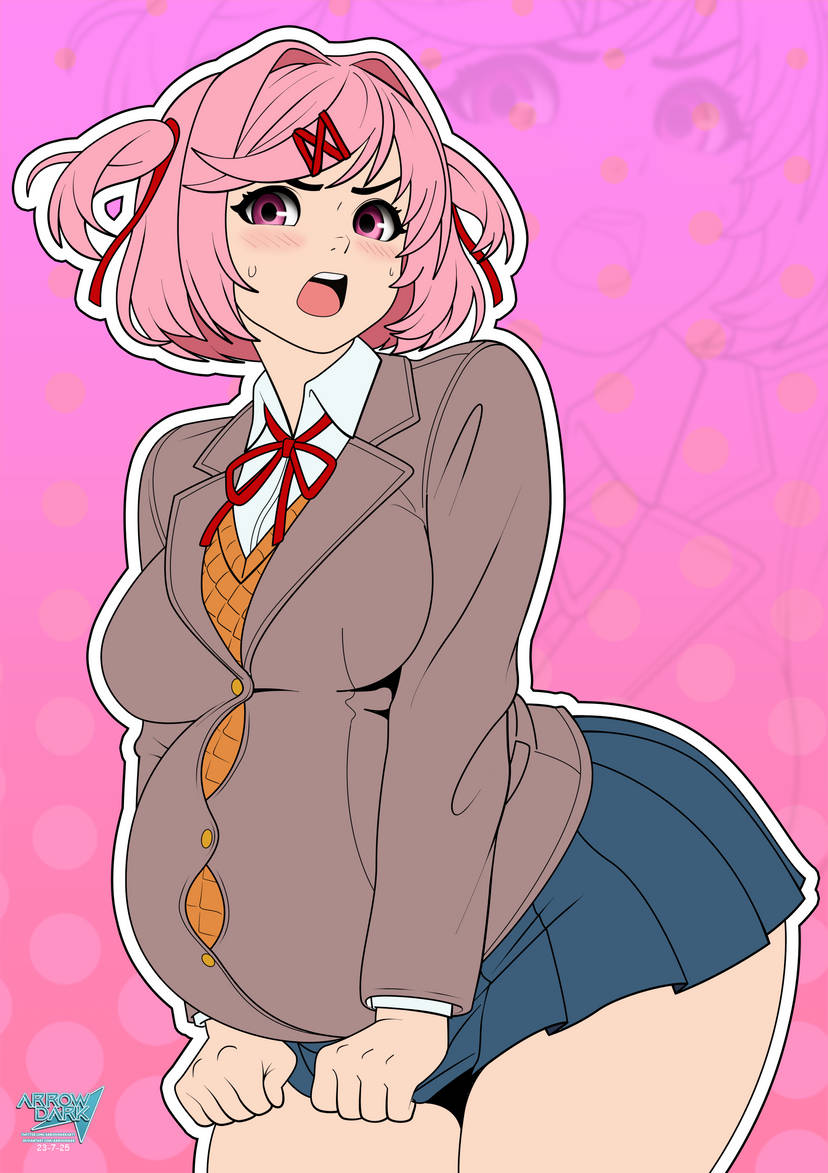 1girls, arrowdark, blushing at viewer, doki doki literature club, embarrassed, female, female only, natsuki (doki doki literature club), pink eyes, pregnant, pregnant female, red eyes, solo