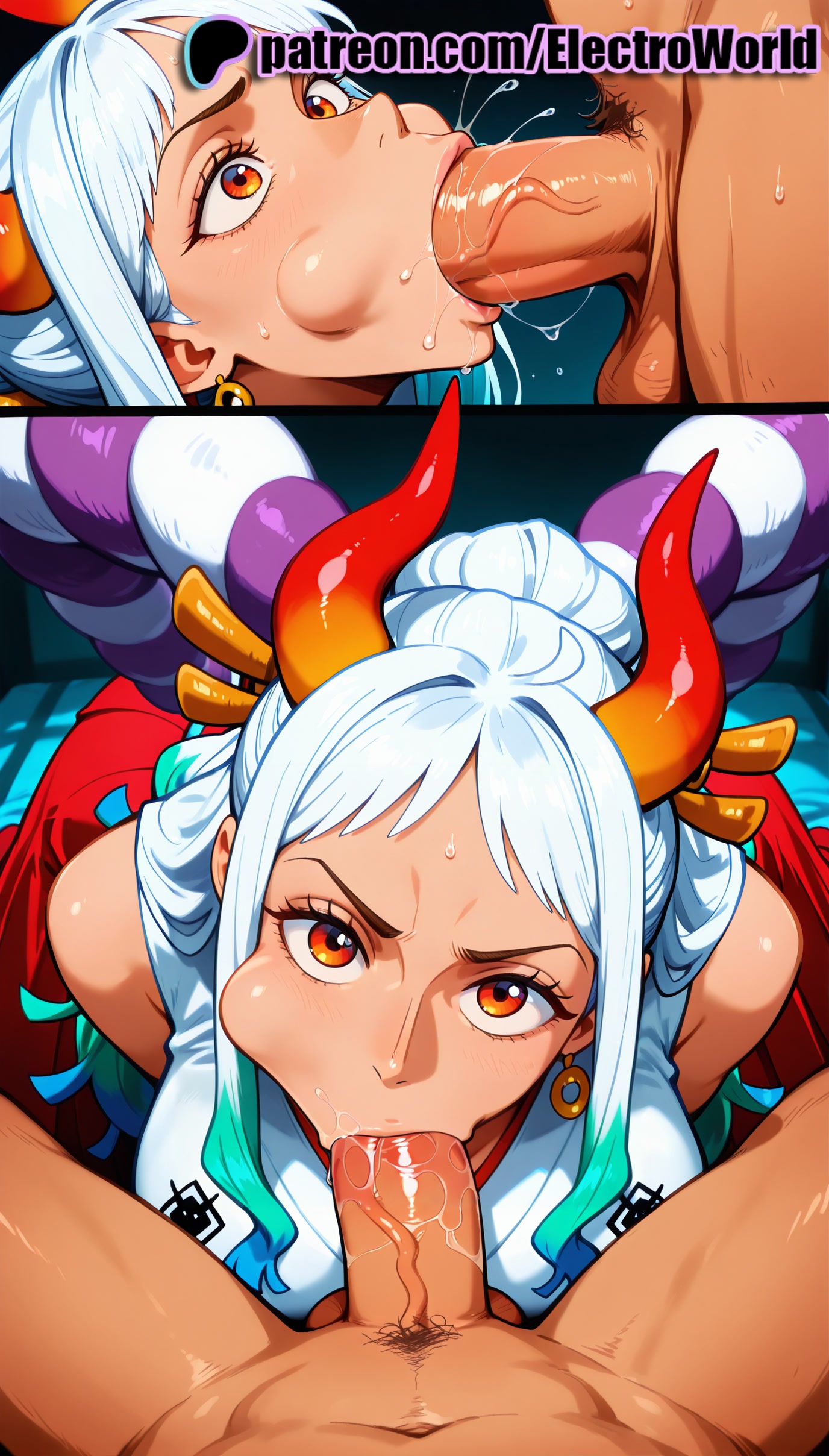 :>=, 1boy, 1girls, 2025, ai generated, artist name, balls, balls sucking, blowjob, blowjob face, brown eyes, cheek bulge, cock, dick, electroworld, fellatio, female, hair ornament, hi res, high quality, high resolution, highres, horns, licking, long hair, male, male pubic hair, one piece, oral, oral sex, patreon, patreon username, penis, pov, pubic hair, red eyes, stable diffusion, straight, sucking, two-tone hair, uncensored, watermark, white hair, white-haired female, yamato (one piece)