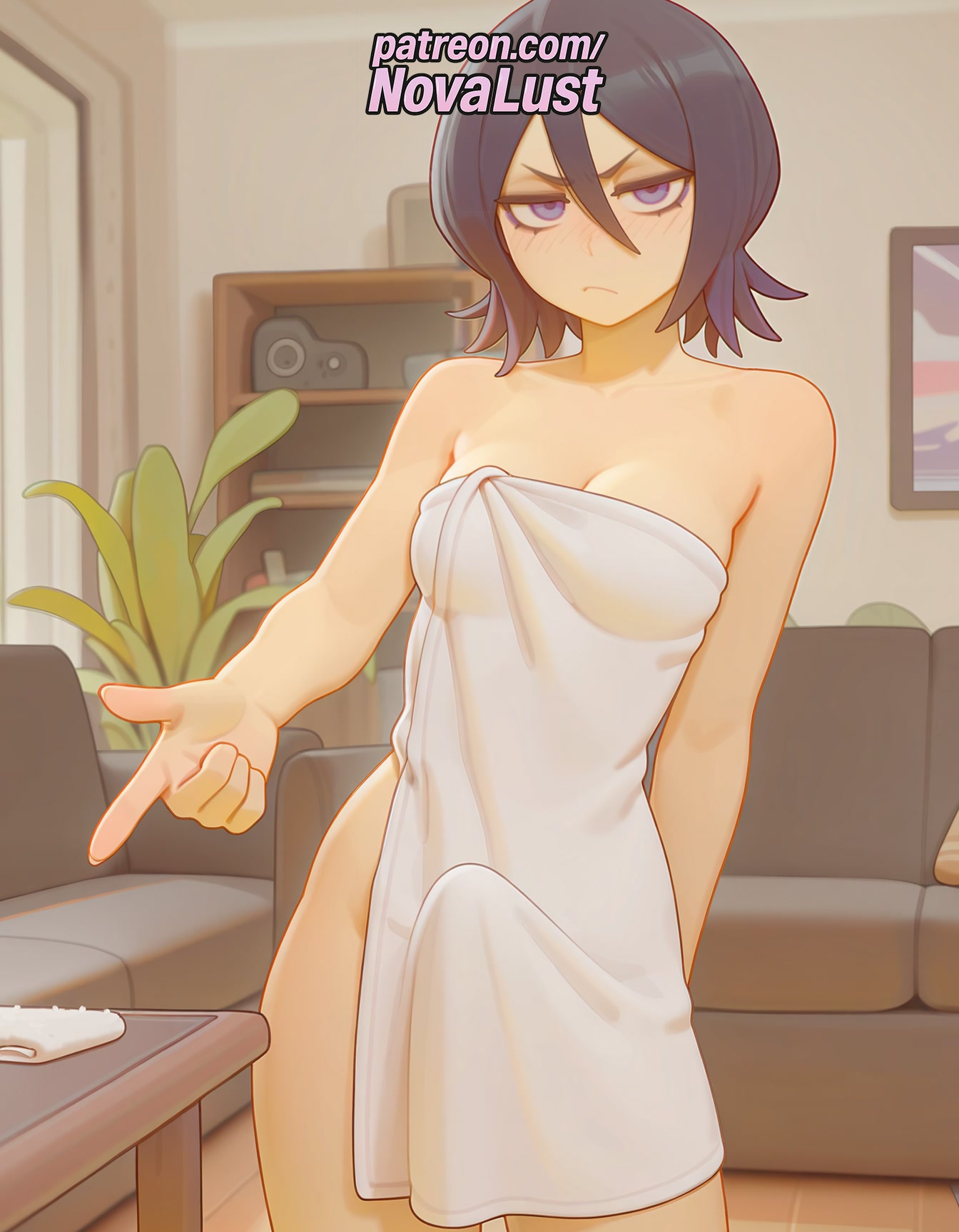 1futa 2025 ai_generated artist_name average_breasts bleach blush breasts breasts breasts bust chest collarbone futanari hair_between_eyes hi_res high_quality high_resolution highres indoors kuchiki_rukia medium_breasts normal_breasts novalust patreon patreon_username plant purple_eyes short_hair solo stable_diffusion towel watermark