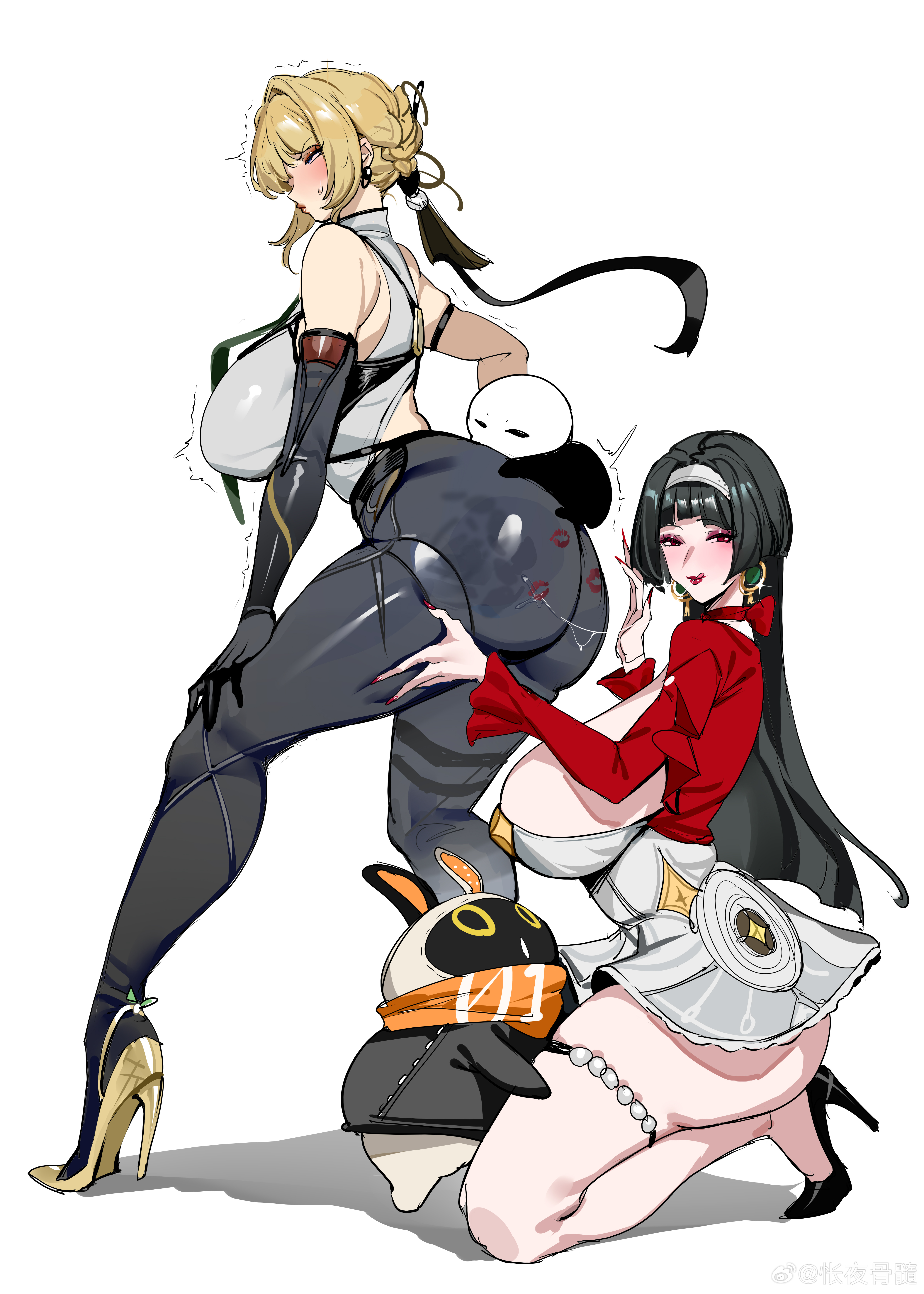 2girls, absurdres, ass, astra yao, b.sa (bbbs), bird, black hair, blonde hair, blush, breasts, earrings, elbow gloves, evelyn chevalier, female, gloves, hairband, high heels, highres, huge ass, huge breasts, jewelry, large breasts, long hair, looking at viewer, multiple females, multiple girls, penguin, shirt, simple background, skirt, thick thighs, thigh strap, thighs, white background, white skirt, zenless zone zero