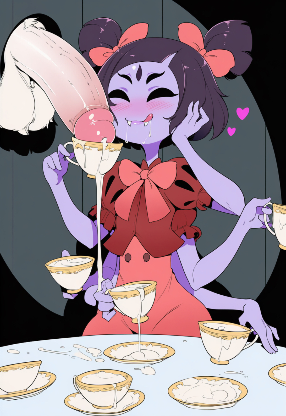1boy, 1girls, ai generated, balls, big balls, big penis, cum, drinking cum, duo, excessive cum, fangs, female, glory hole, heart, implied oral, licking lips, male, muffet, novelai, penis, purple skin, spider, spider girl, teacup, undertale, white fur