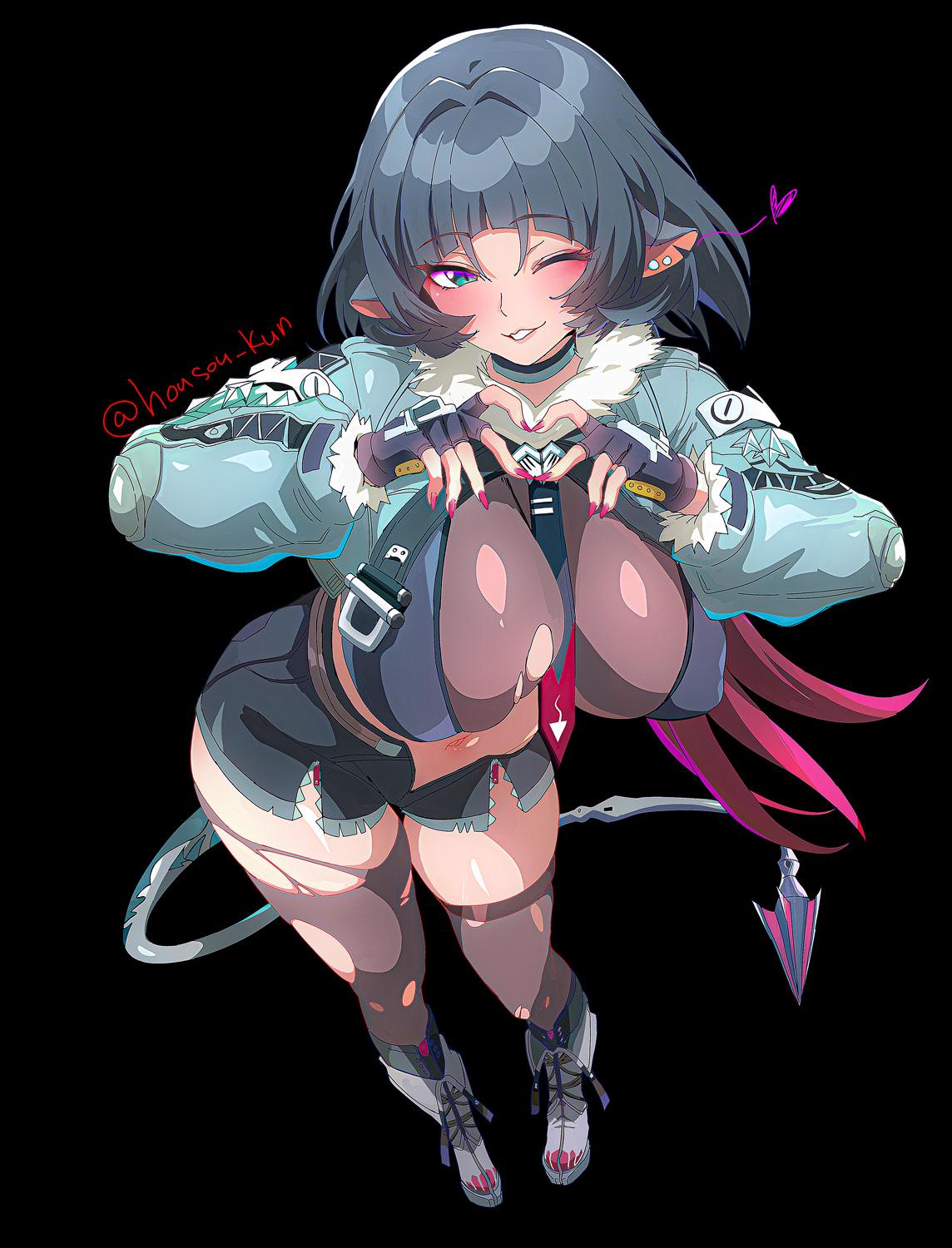 1girls, animal ears, artist name, black background, black shorts, blunt bangs, breasts, female, fingerless gloves, fur trim, fur-trimmed jacket, gloves, green eyes, green jacket, heart, heart hands, high-waist shorts, highres, housou-kun, jacket, jane doe (zenless zone zero), large breasts, long tail, looking at viewer, mouse ears, mouse girl, mouse tail, necktie, one eye closed, pantyhose, red nails, sharp tail, shorts, simple background, single leg pantyhose, single thighhigh, smile, solo, tail, thighhighs, torn clothes, torn pantyhose, torn thighhighs, two-tone necktie, zenless zone zero