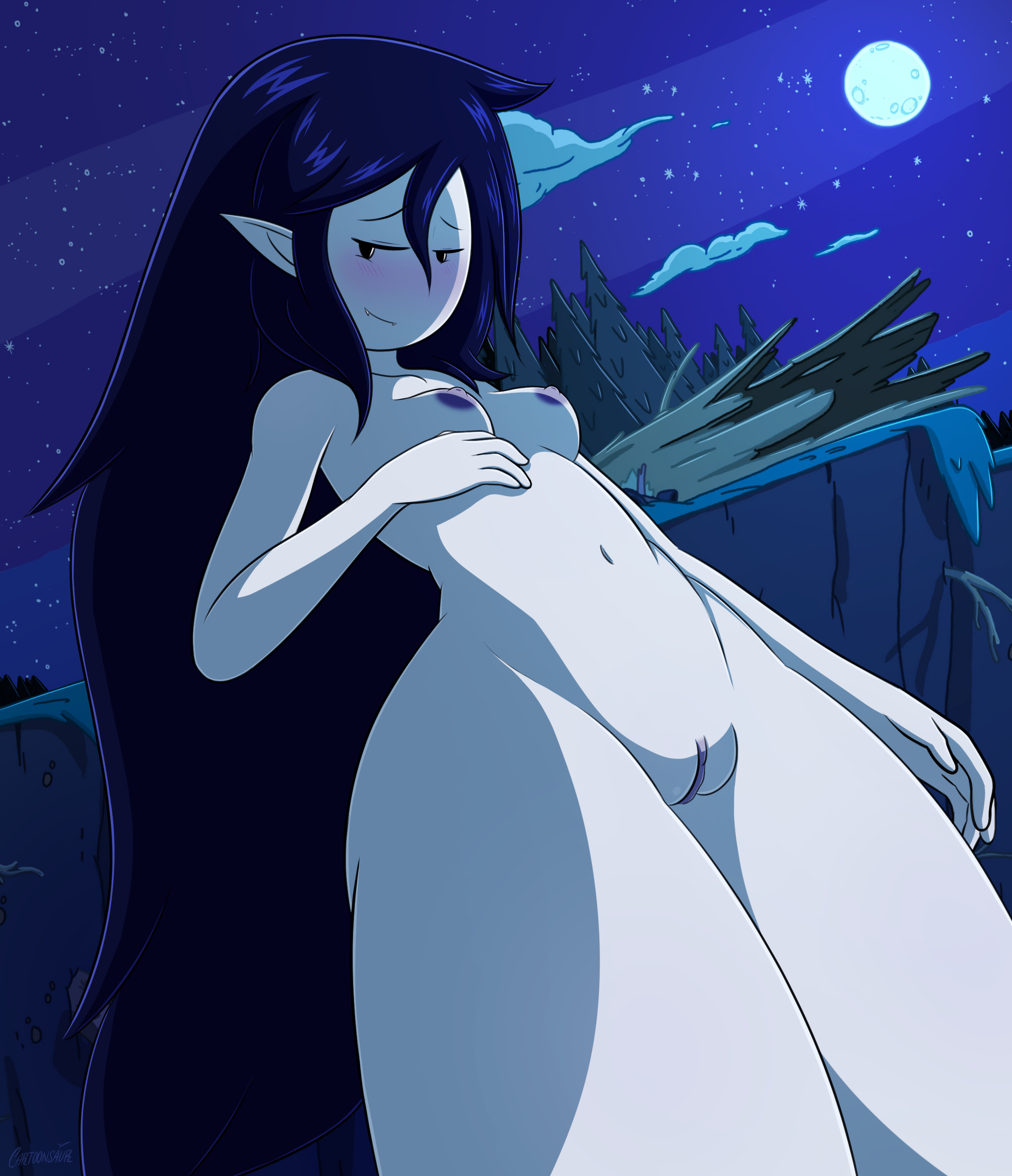 1girls, absurd res, adventure time, areolae, black hair, breasts, cartoonsaur, female, female only, hair, highres, light skin, light-skinned female, long hair, marceline, moon, night, nipples, nude, pale skin, pale-skinned female, pussy, small breasts, solo, vampire