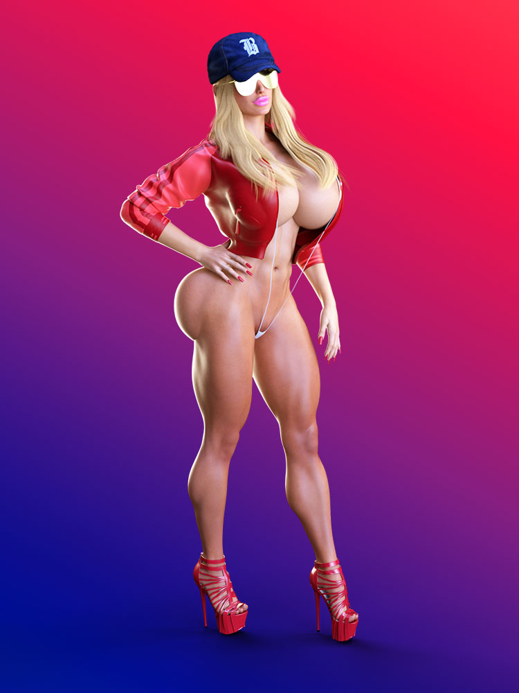 1girls 3d areola_slip barely_clothed barely_contained baseball_cap big_breasts bimbo blonde_hair bubble_butt bursting_breasts busty female hand_on_hip hat heels high_heels hourglass_figure huge_ass huge_breasts large_breasts micro_bikini muscular_thighs p1nups pink_lips pose red_jacket sling_bikini solo sunglasses thick_thighs wide_hips