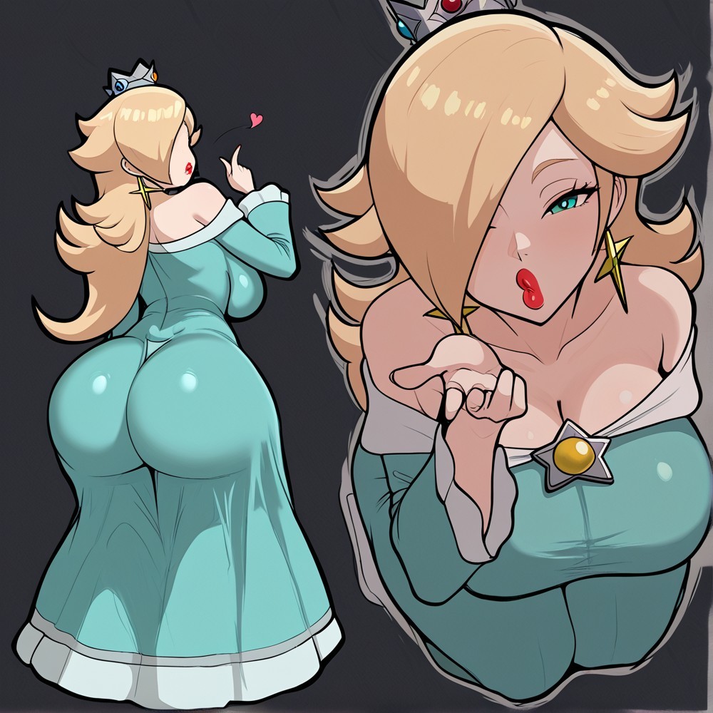 1girls, ai generated, ass, ass focus, blonde hair, breasts, cleavage, crown, cyan dress, cyan eyes, facing viewer, female, hamburgerjoy, heart, heart symbol, jpeg, kiss pov, large ass, large breasts, mario (series), multiple angles, multiple views, pointing, pointing at viewer, princess dress, princess rosalina, red lipstick, solo, solo female, star accessory, star earrings, super mario bros., super mario galaxy, teal dress, teal eyes