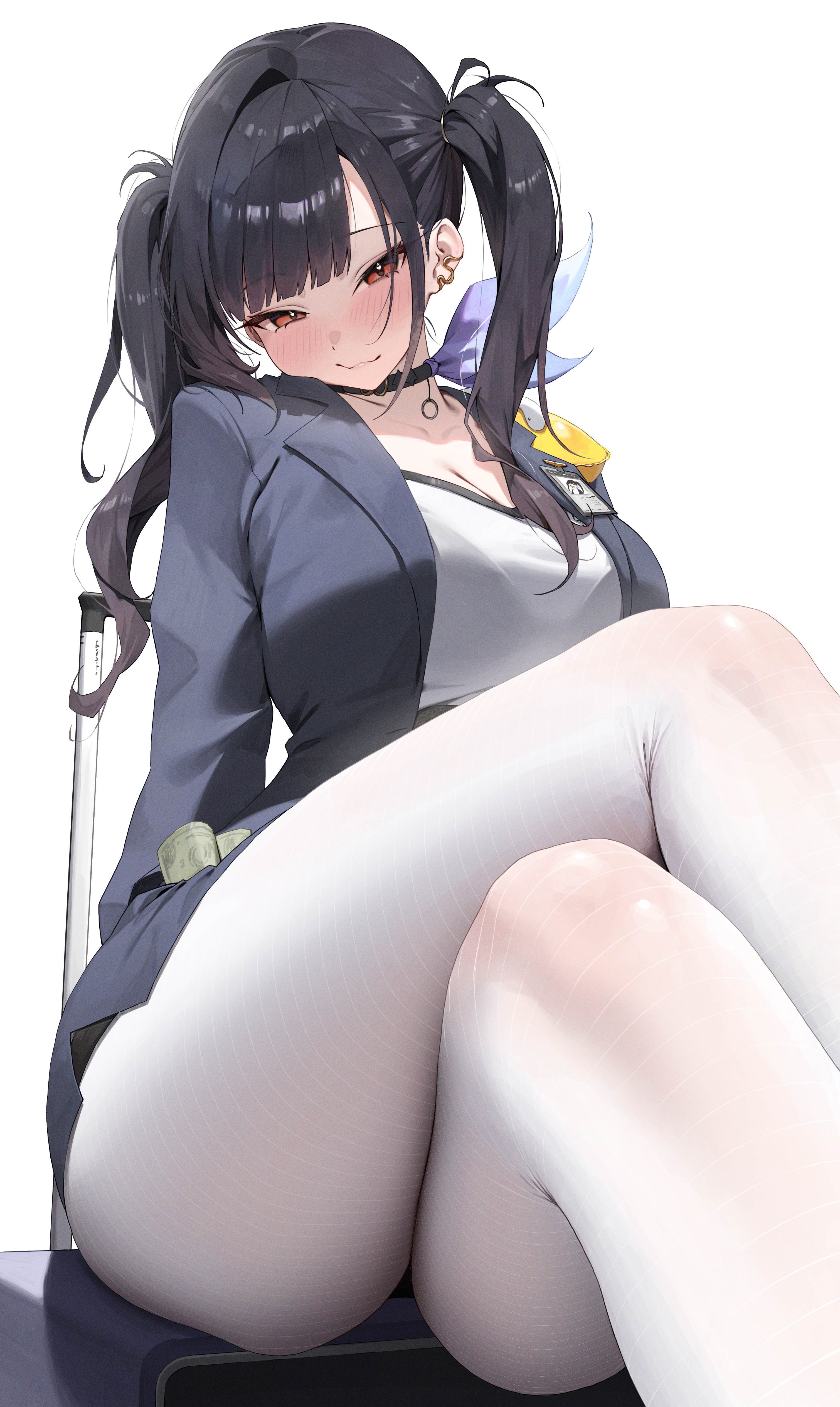 :3, 1girls, 2d, 2d (artwork), 2d artwork, ass, big breasts, black choker, black hair, blush, blush lines, breasts, choker, cleavage, closed mouth, clothed, collarbone, crossed legs, dress, ear accessory, eyes half closed, fanart, female, female focus, female only, goddess of victory: nikke, head tilt, highres, id card, jacket, jewelry, legs crossed, long hair, looking at viewer, looking down, looking down at viewer, money, mouth closed, nikku nana, no background, no sex, office clothing, open clothes, open jacket, pantyhose, red eyes, sfw, shirt, sitting, sitting female, skirt, smile, smiling at viewer, solo, solo female, solo focus, sora (nikke), suggestive, suit jacket, suitcase, tilted head, twintails, two-tone shirt, white background, white pantyhose, white shirt, white stockings, year request