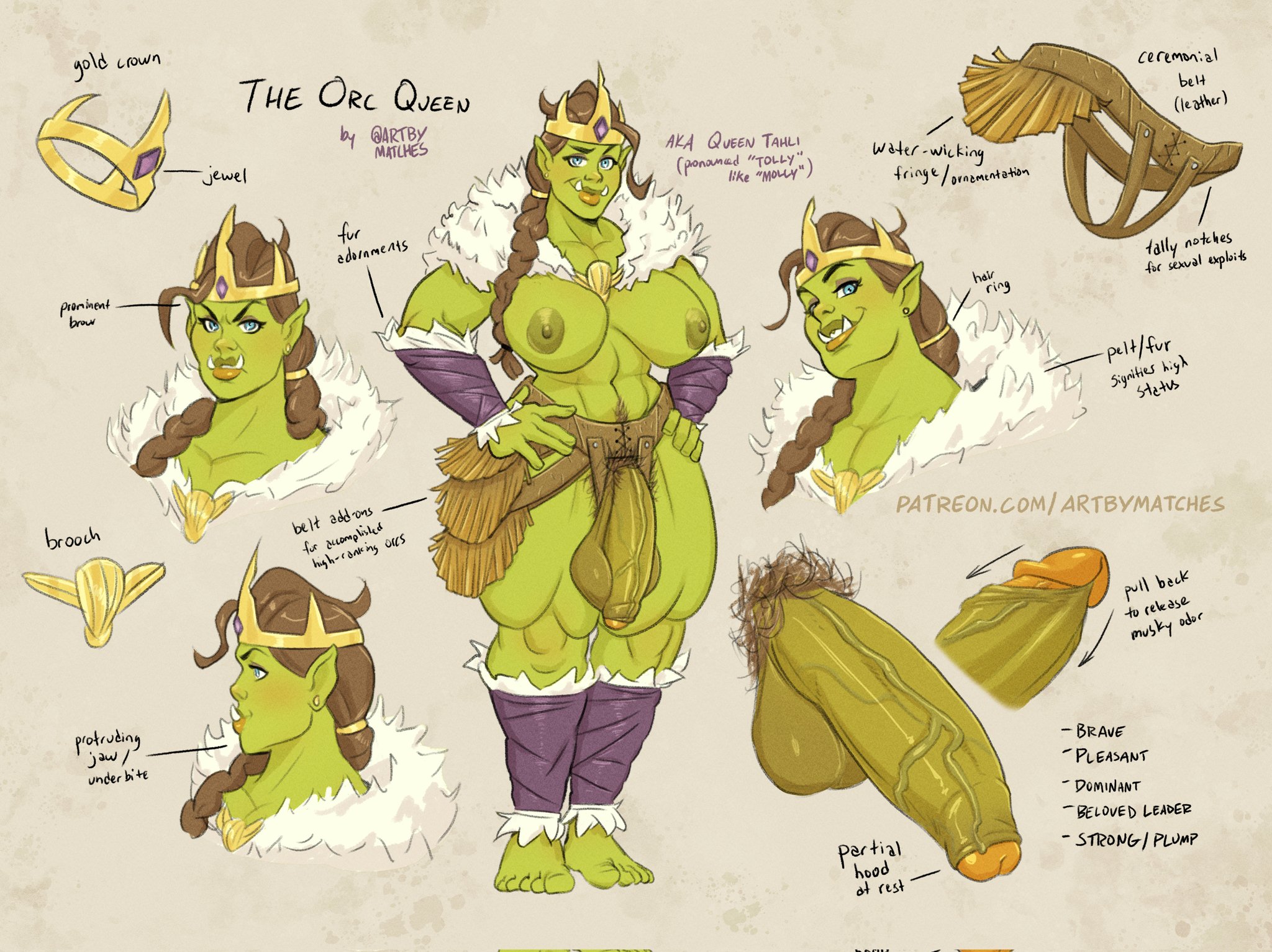 artbymatches, balls, big balls, big breasts, big cock, big penis, big testicles, braid, braided hair, braided ponytail, breasts, brown hair, character request, character sheet, cock, crown, english text, futa only, futanari, green skin, green-skinned futa, intersex, large breasts, long hair, muscular, muscular futa, muscular thighs, orc, orc futa, penis, ponytail, pubic hair, solo, solo futa, standing, testicles, thick thighs, thighs, tusks
