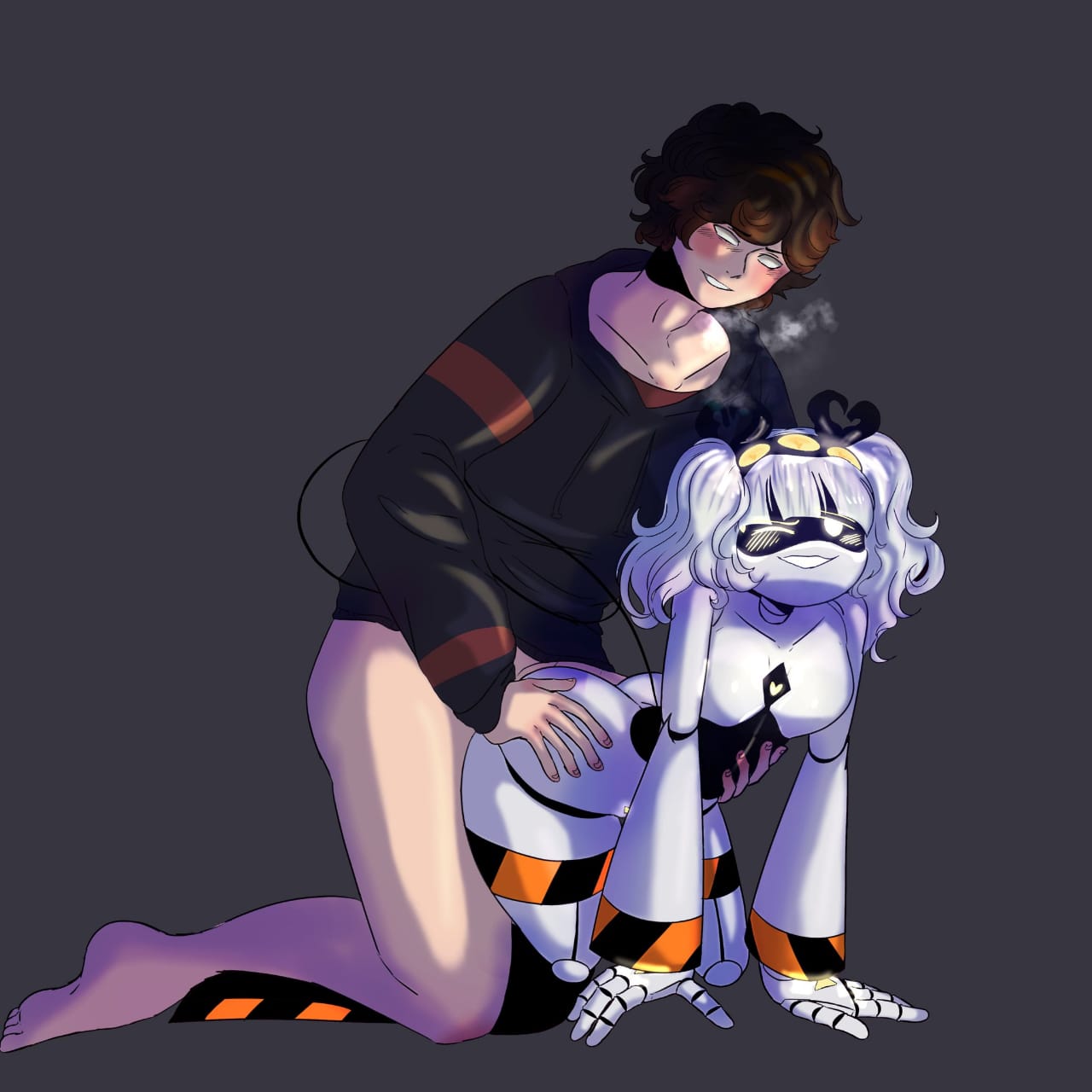 1boy, 1girls, anal, anal insertion, anal sex, anatomically correct, belly, blush, breasts, brown hair, dailenariek, disassembly drone, enjoying, enjoying sex, enjoyment, female, glitch productions, gray hair, half naked, half-dressed, headband, human on robot, j (murder drones), latamcito (latam), male, male/female, murder drones, naked female, no irises, no pupils, pupilless eyes, quirky, raped, robot ass, robot breasts, robot eyes, robot humanoid, touching belly, white skin, white skinned male