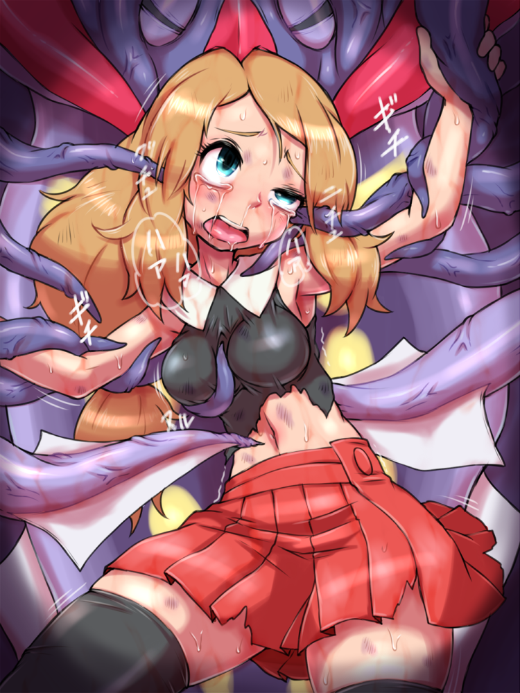 1girls double_ear_penetration ear_penetration female head_bite malamar open_mouth pokemon rape serena_(pokemon) skirt sweat topwear torn_clothes torn_clothing