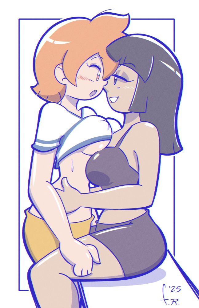 2025 2girls artist_signature bike_shorts black_hair blush breasts female female/female female_focus female_only fernal-scarlet fondly_scarlet hand_on_thigh hands_on_hips medium_breasts nami_(one_piece) nico_robin nipples one_piece orange_hair short_hair shoulder_length_hair spats spats_shorts sweat underboob yuri