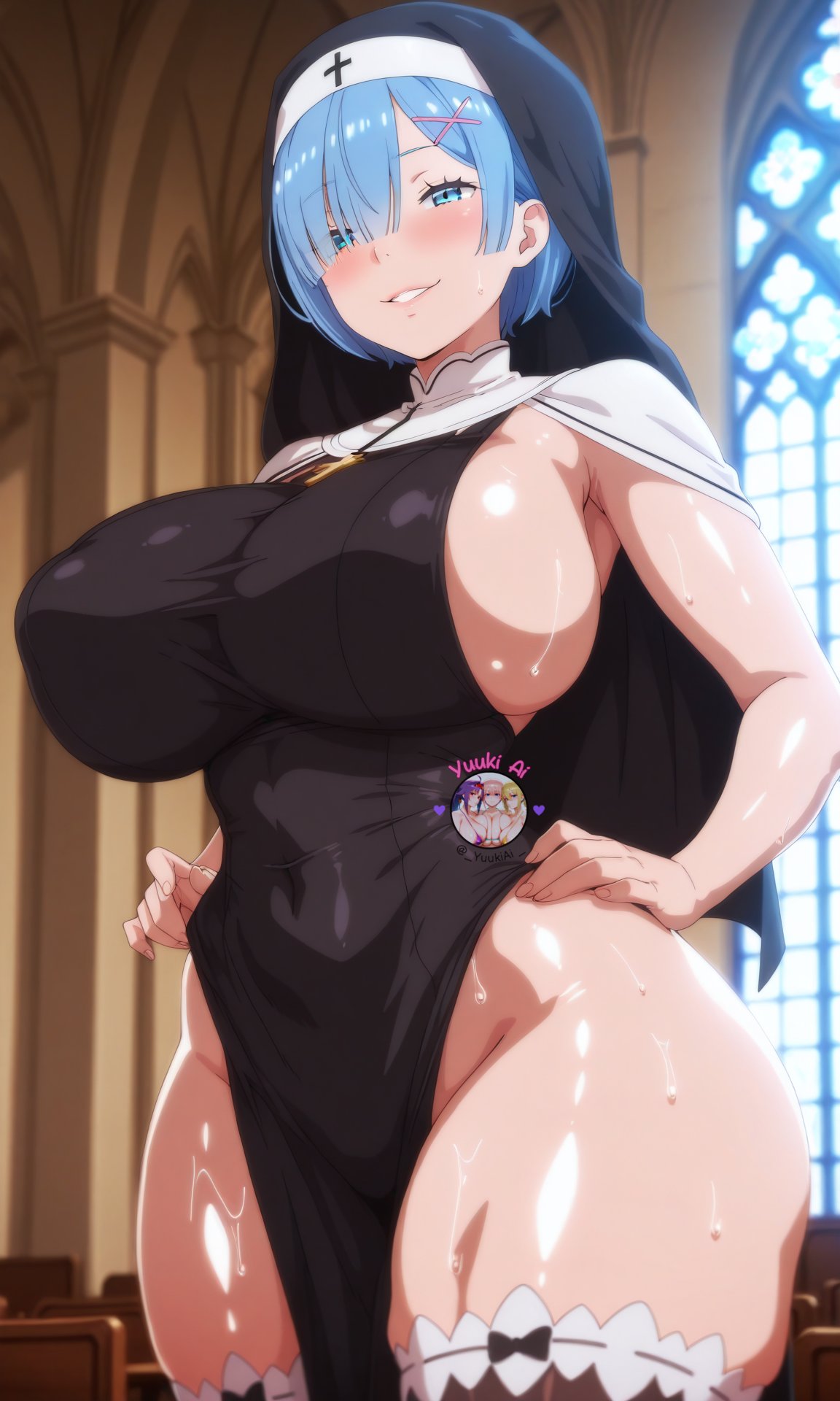 1girls, ai generated, breasts, female, female focus, female only, large breasts, looking at viewer, nun, nun outfit, nun's habit, re:zero kara hajimeru isekai seikatsu, rem (re:zero), shiny skin, solo, thick thighs, thighs, wet, wide hips, yuukiai