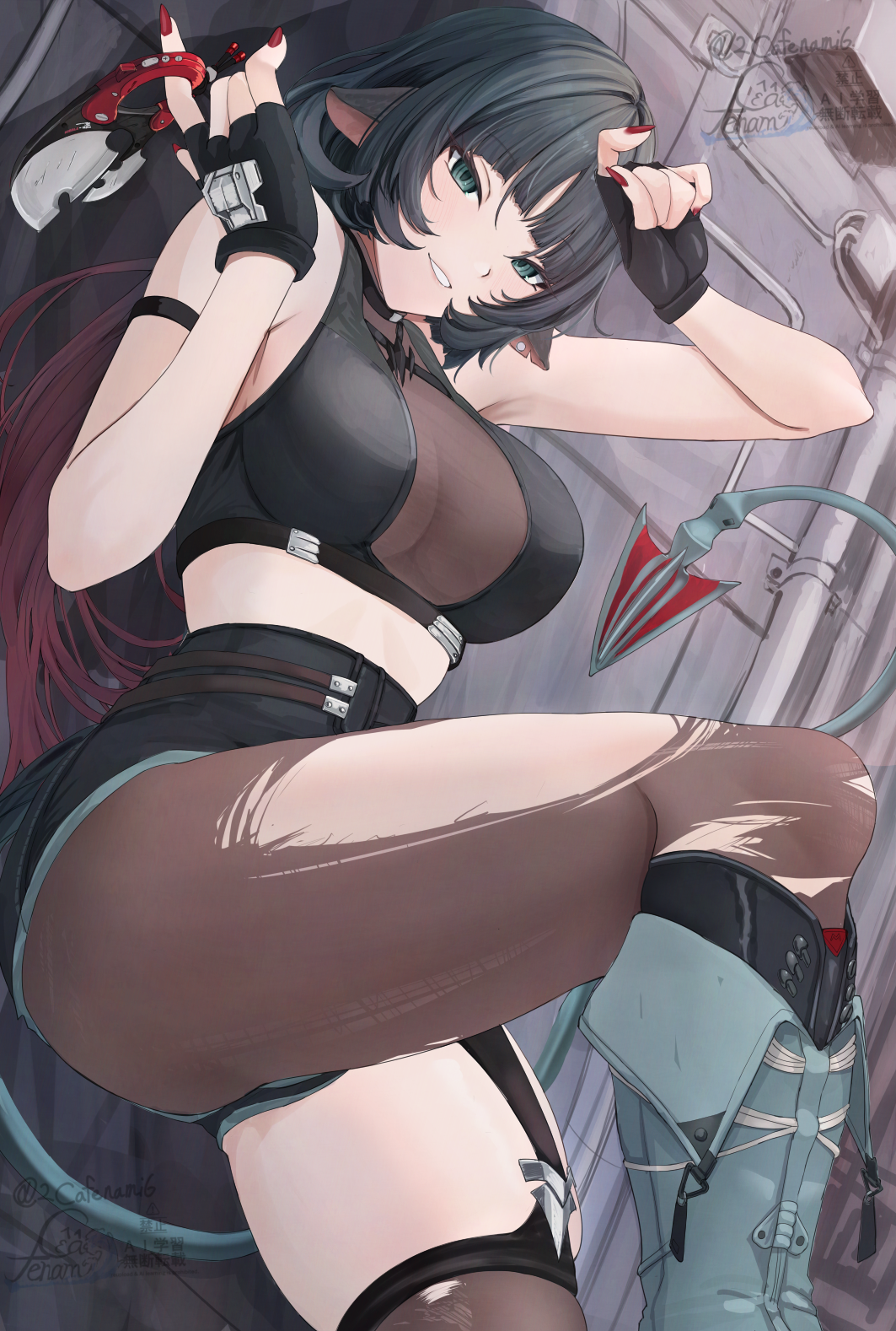 1girls, against wall, black hair, black shirt, black shorts, breasts, cafenami, cropped shirt, female, highres, jane doe (zenless zone zero), large breasts, long hair, see-through cleavage, see-through clothes, shirt, shorts, solo, standing, standing on one leg, zenless zone zero