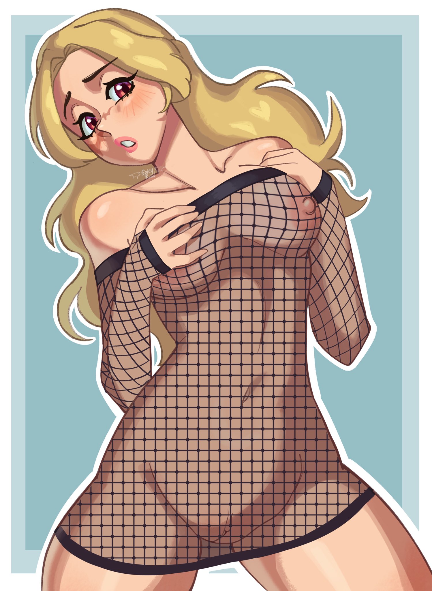 1girls, 2025, areolae, artist name, artist signature, belly button, blonde hair, blush, breasts, collarbone, commission, female, female only, fishnet armwear, fishnet clothing, fishnet topwear, fishnets, hand on own breasts, light skin, light-skinned female, long hair, looking at viewer, medium breasts, mostly nude, mostly nude female, nipples, original, original character, pussy, red eyes, scar, scar on face, solo, solo female, spicyramen (ramieramen1), stomach, teeth, teeth showing, thick thighs, thighs, watermark