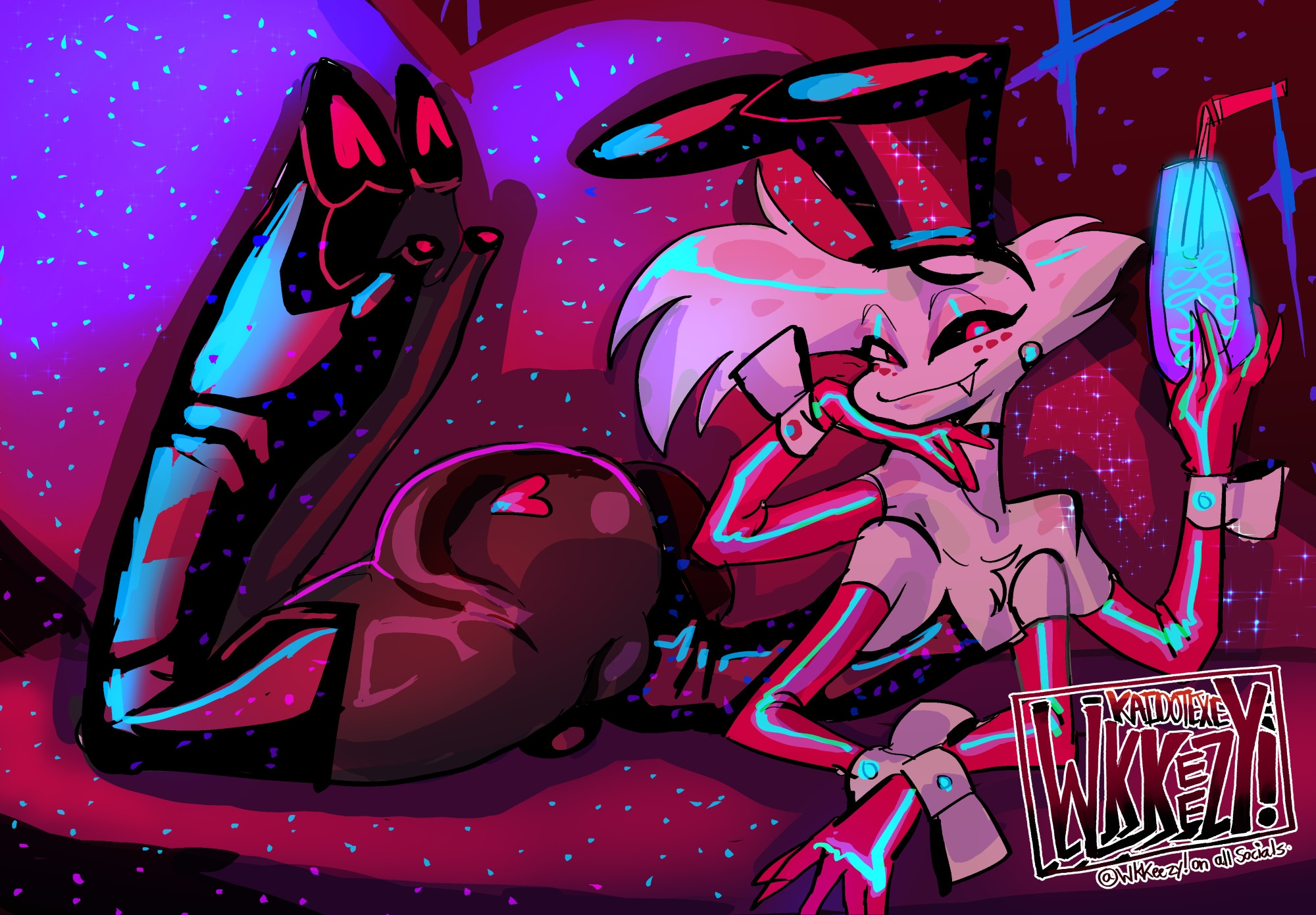 1boy, 4 arms, angel dust, angel dust (hazbin hotel), big ass, bulge, bulge through clothing, bunny suit, bunnysuit, four arms, hazbin hotel, hellaverse, latex, sharp teeth, spider, spider boy, spider humanoid, thick thighs, wkkeezy (artist)