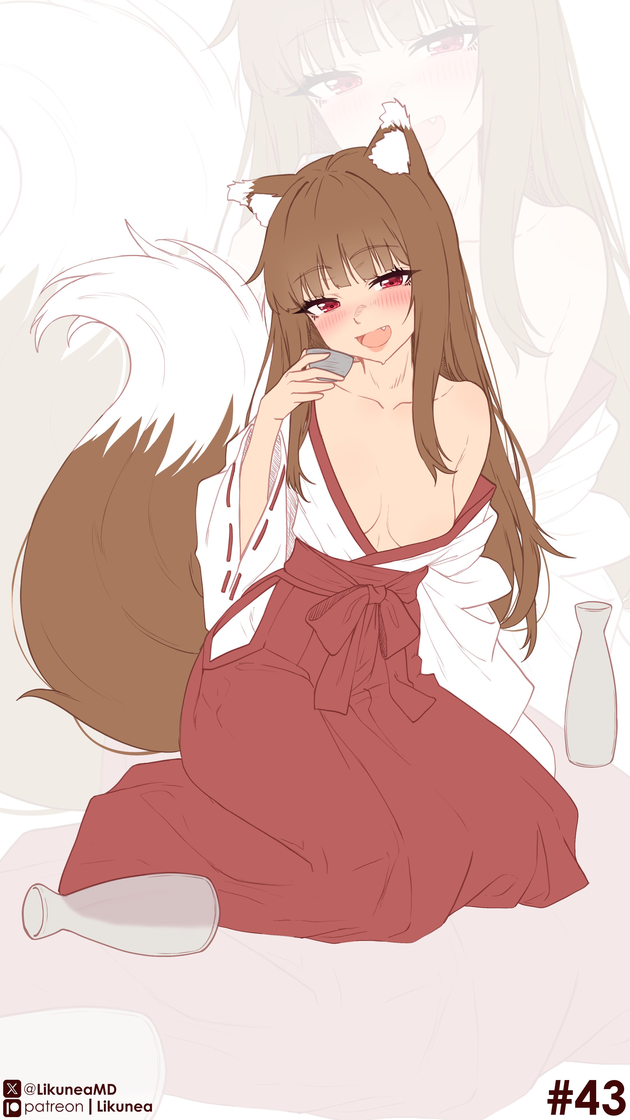 1girls, animal ears, animal tail, blush, blushing at viewer, blushing female, breasts, brown hair, brown-haired female, clothed, clothed female, cute fang, female, female only, fluffy, fluffy tail, hakama, hakama skirt, hime cut, holo, japanese clothes, kemono, kemonomimi, likunea, long hair, long-haired female, looking at viewer, medium breasts, miko, miko outfit, red eyes, red-eyed female, sake, sole female, spice and wolf, tagme, tail, wolf ears, wolf girl, wolf tail