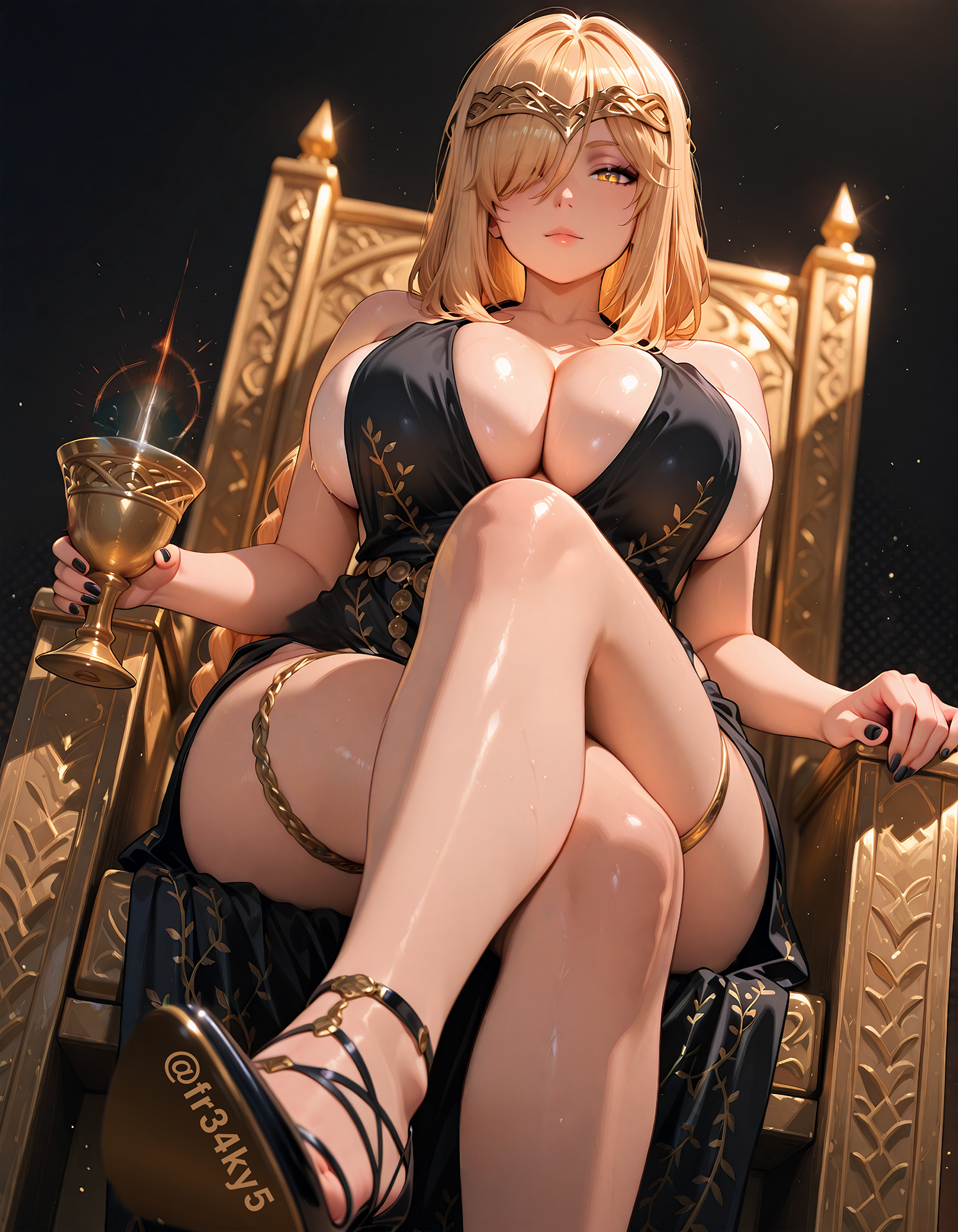 ai generated, blonde hair, breasts, cleavage, elden ring, female, fr34ky, fromsoftware, holding glass, huge breasts, queen marika the eternal, shoes, sitting, soles
