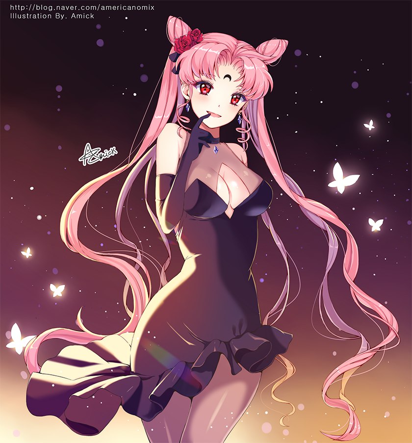 1girls aged_up amick_(americanomix) big_breasts bishoujo_senshi_sailor_moon black_dress black_lady black_moon breasts chibi_usa cleavage clothing cutout dark_persona dress earrings female female_only flower forehead_mark gloves jewelry large_breasts long_hair medium_breasts pink_hair red_eyes seductive sheer small_breasts solo tights twintails villainess