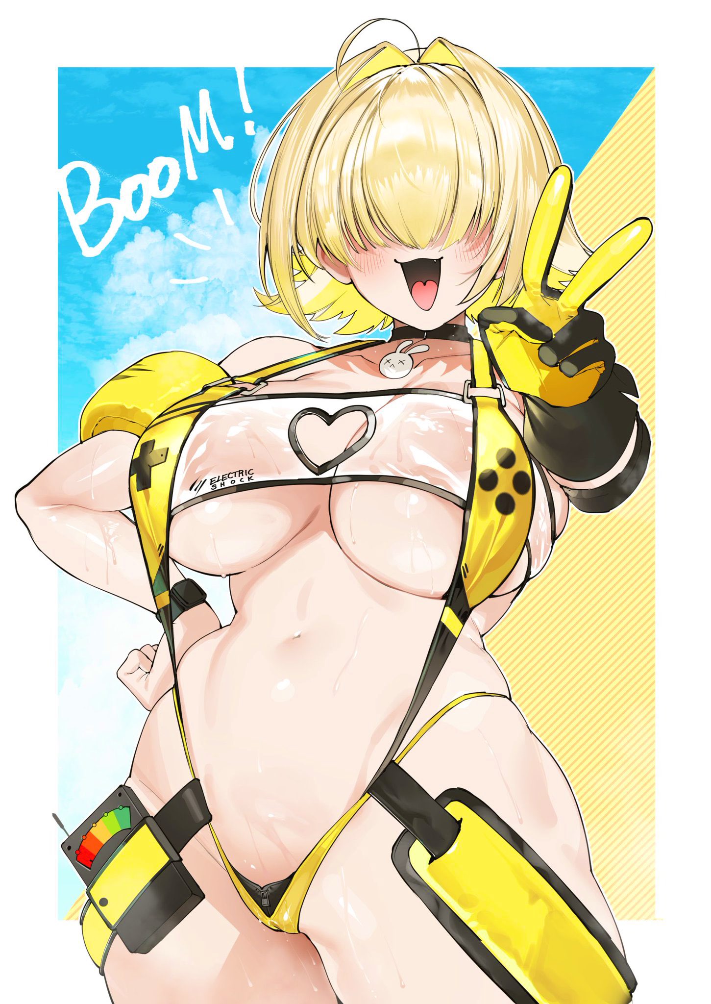 1girls, ahoge, blonde hair, blush, breasts, cameltoe, clothing cutout, elegg (boom and shock) (nikke), elegg (nikke), female, gloves, goddess of victory: nikke, hair intakes, hair over eyes, heart, heart cutout, highres, large breasts, long bangs, looking at viewer, multicolored hair, navel, oerba yun fang, open mouth, pussy, shiny skin, shishamo 712, short hair, skindentation, slingshot swimsuit, smile, solo, swimsuit, thigh strap, thighs, two-sided gloves, two-tone hair, underboob, v, wet, yellow gloves, yellow slingshot swimsuit
