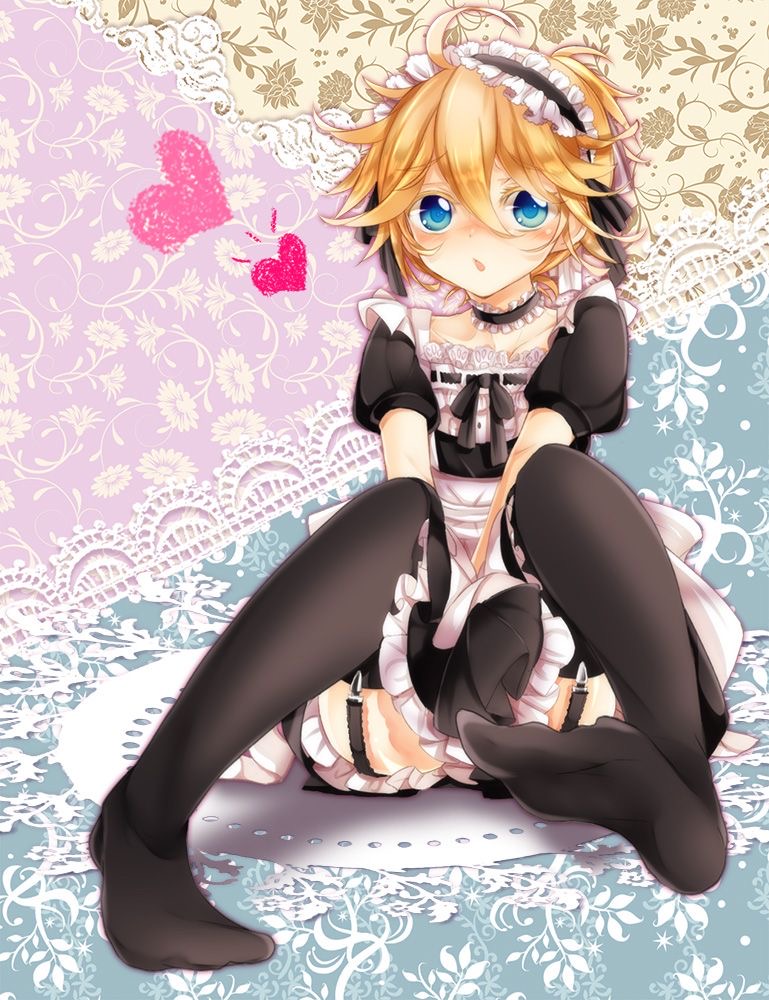 blue eyes, faggot, femboy, femboy only, garter straps, heart, heart symbol, kagamine len, maid, maid headdress, male, male focus, male maid, male only, no panties, no underwear, solo focus, solo male, thighhighs, vocaloid, yellow hair